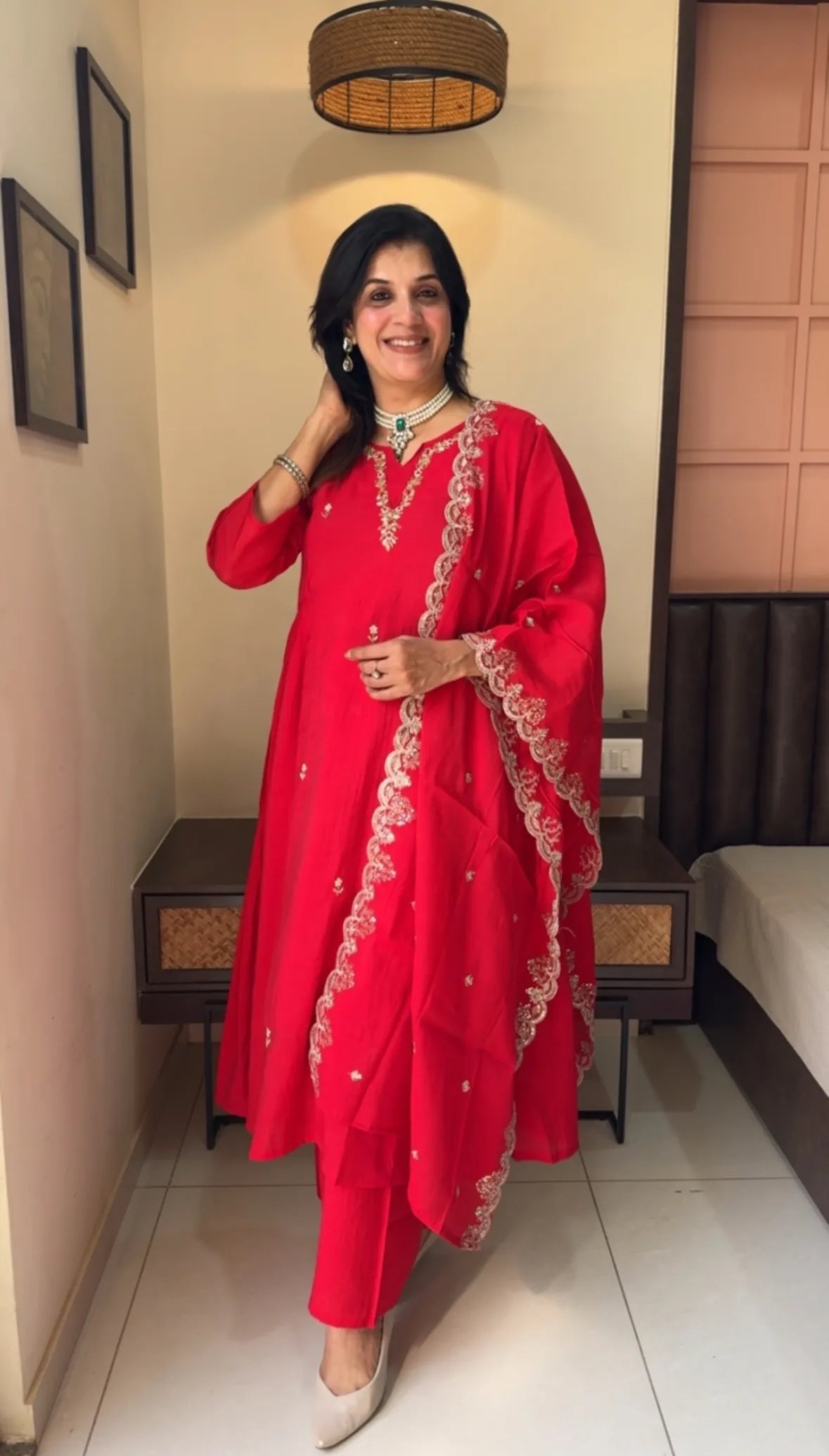 Red Muslin Silk Kurta Dupatta Plazo Set | Sequins & Pearl Embroidery Work