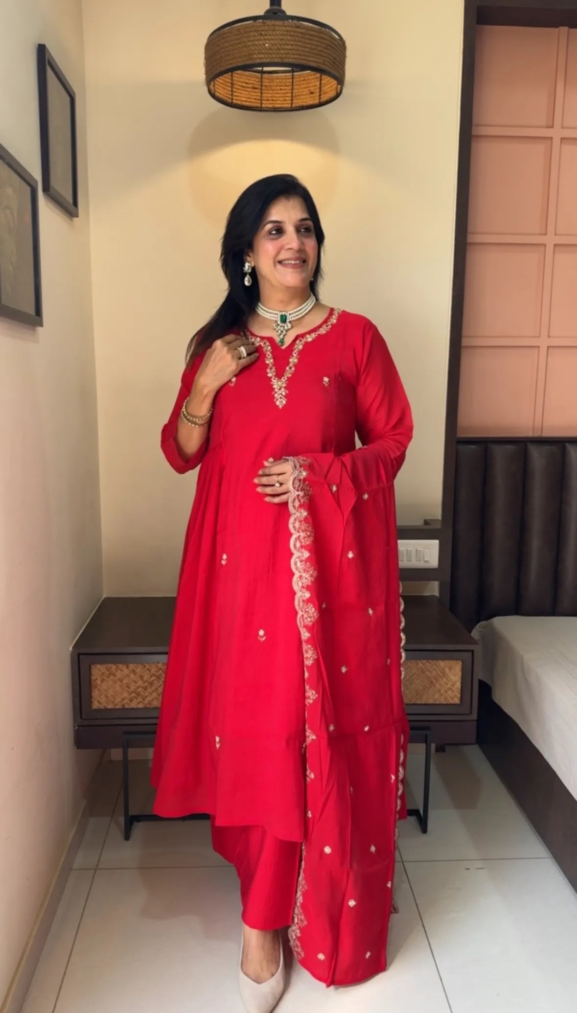Red Muslin Silk Kurta Dupatta Plazo Set | Sequins & Pearl Embroidery Work