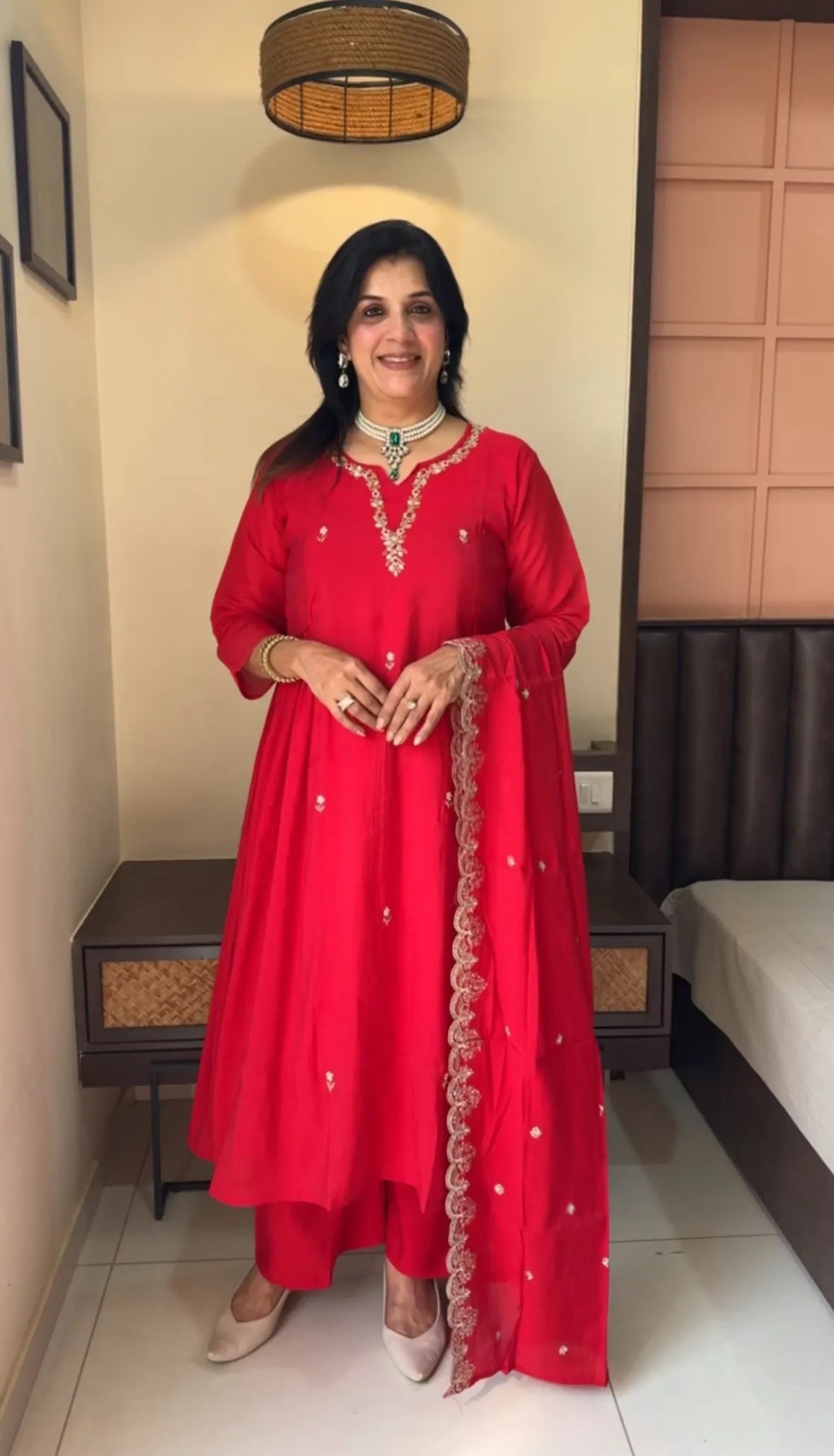 Red Muslin Silk Kurta Dupatta Plazo Set | Sequins & Pearl Embroidery Work