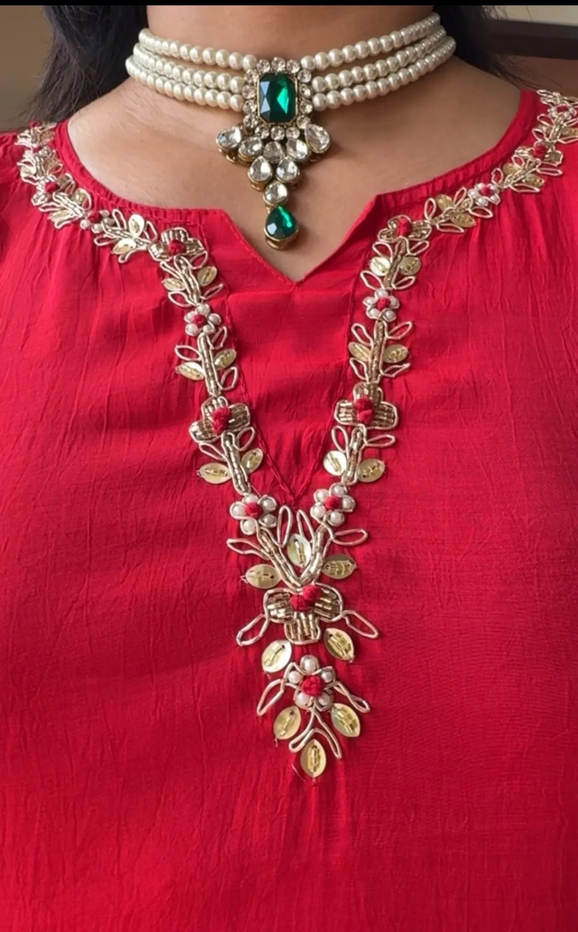 Red Muslin Silk Kurta Dupatta Plazo Set | Sequins & Pearl Embroidery Work