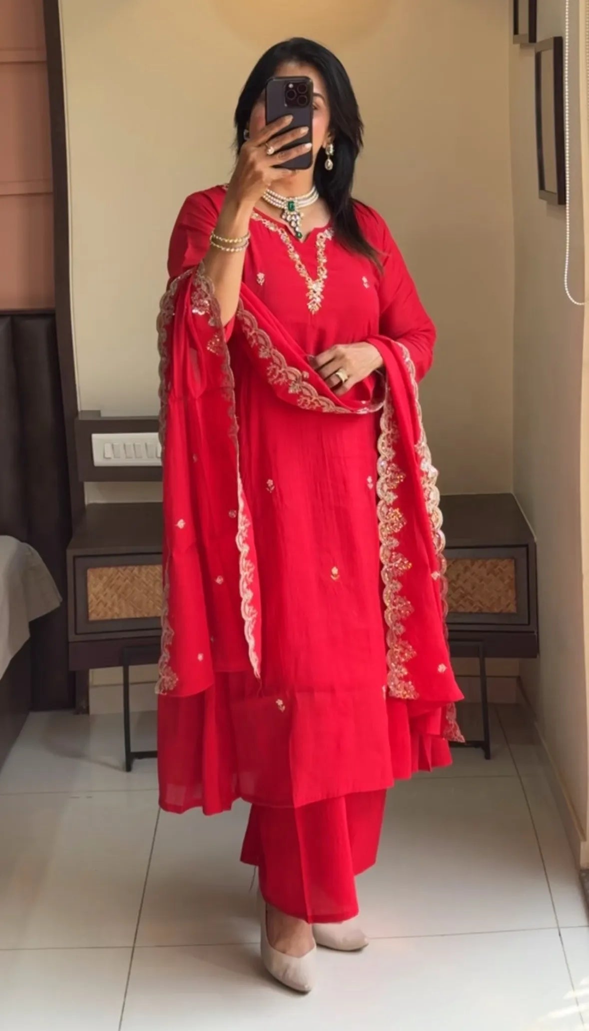 Red Muslin Silk Kurta Dupatta Plazo Set | Sequins & Pearl Embroidery Work