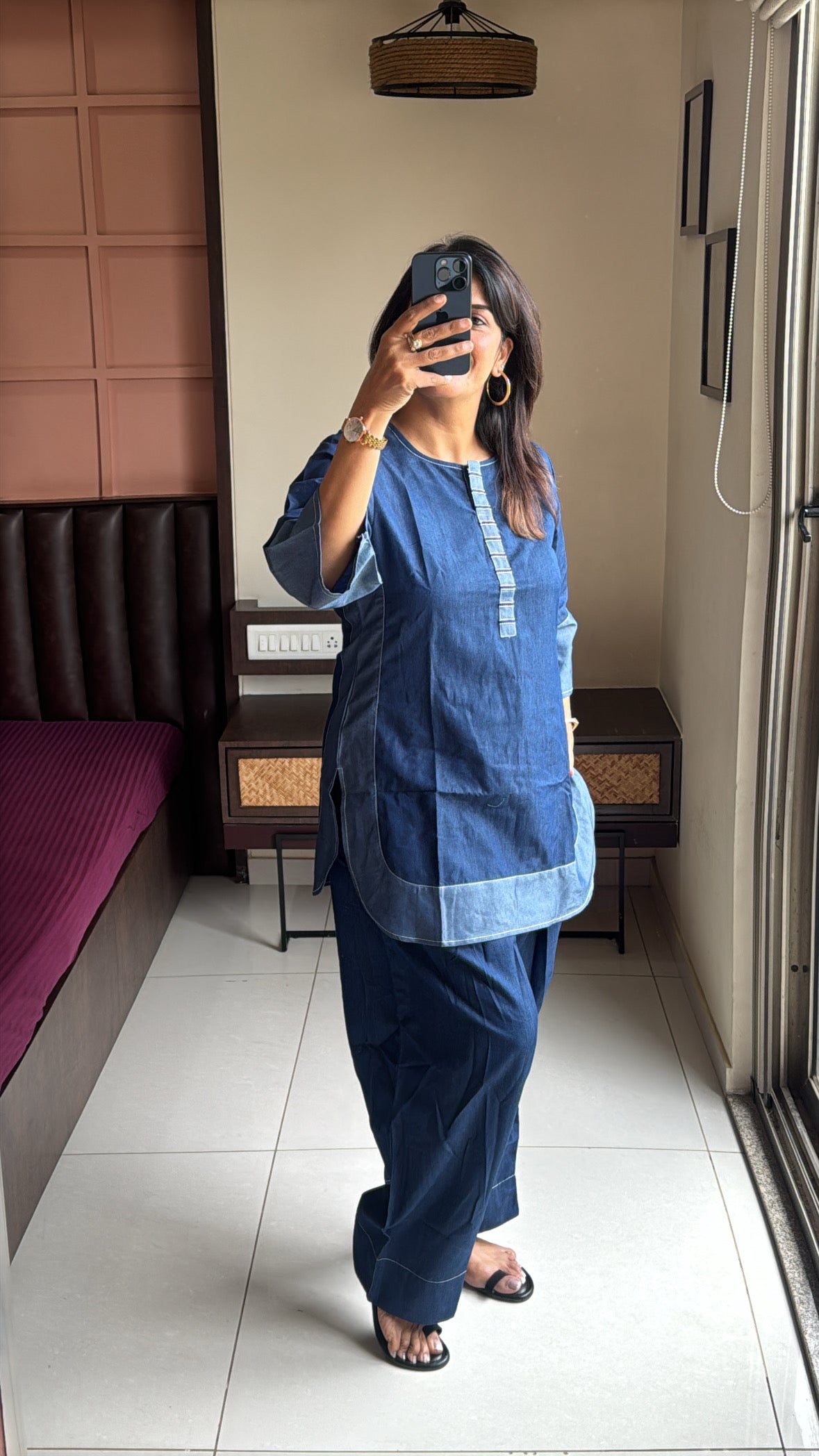 Denim Blue Apple Cut Top with Farsi Sarwar Co-Ord Set | Premium Denim Contemporary Wear