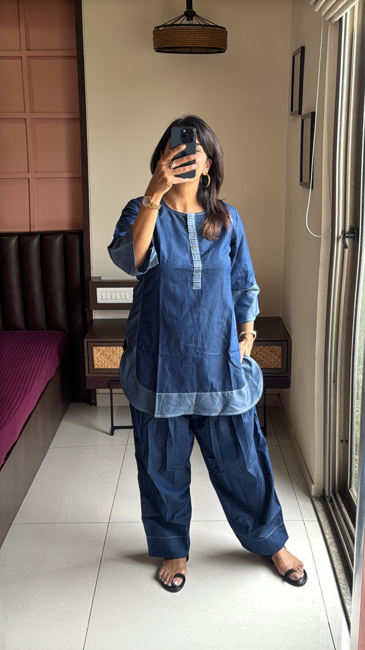 Denim Blue Apple Cut Top with Farsi Sarwar Co-Ord Set | Premium Denim Contemporary Wear