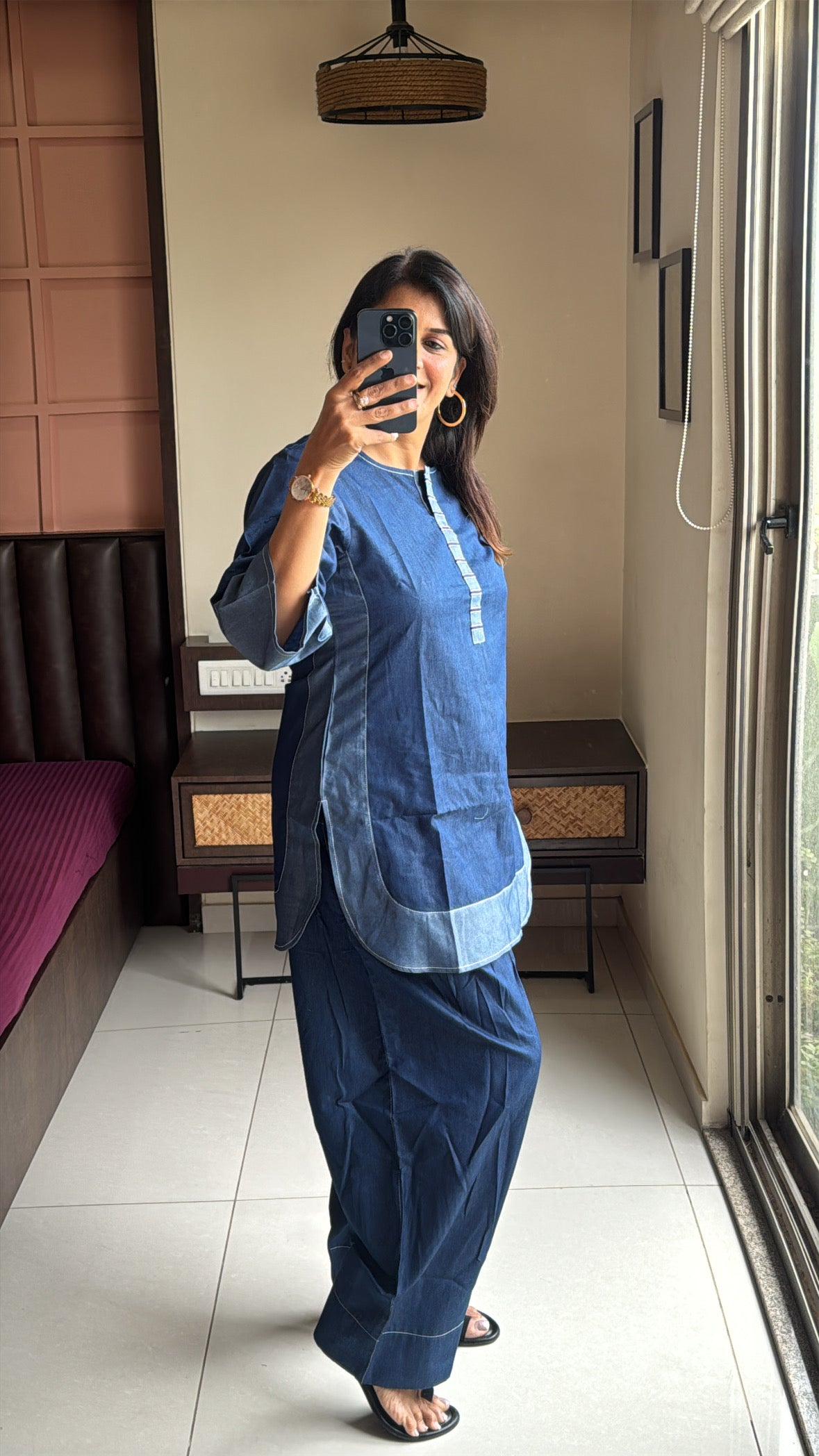 Denim Blue Apple Cut Top with Farsi Sarwar Co-Ord Set | Premium Denim Contemporary Wear