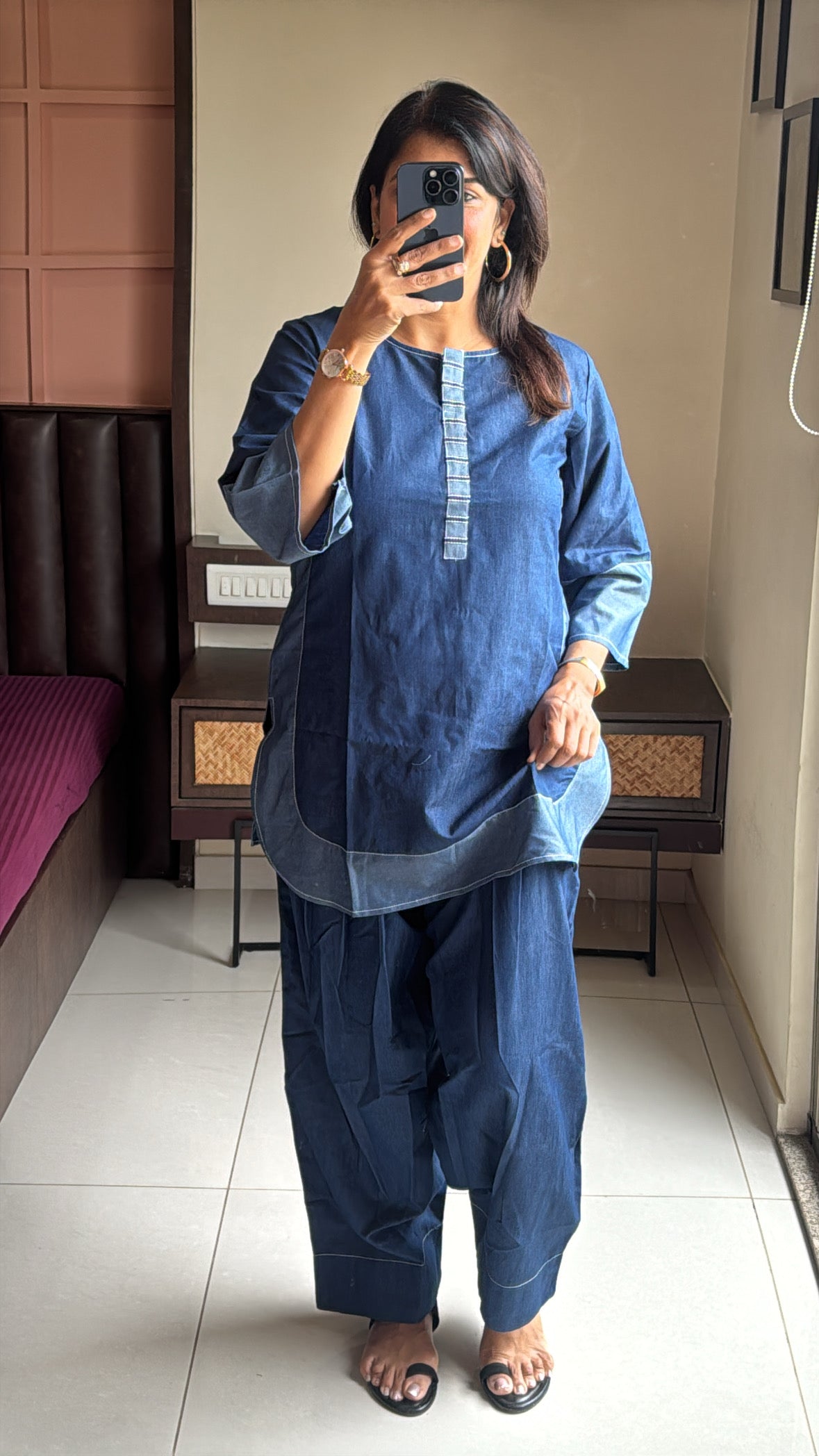Denim Blue Apple Cut Top with Farsi Sarwar Co-Ord Set | Premium Denim Contemporary Wear