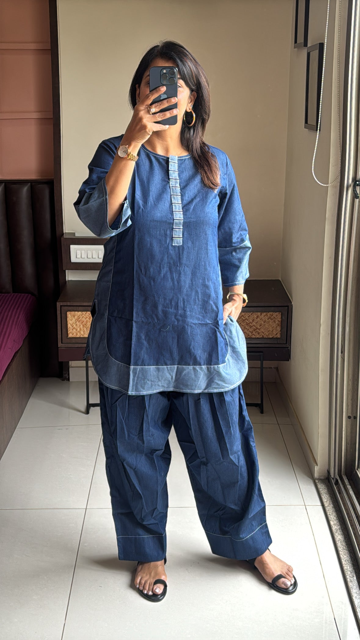 Denim Blue Apple Cut Top with Farsi Sarwar Co-Ord Set | Premium Denim Contemporary Wear