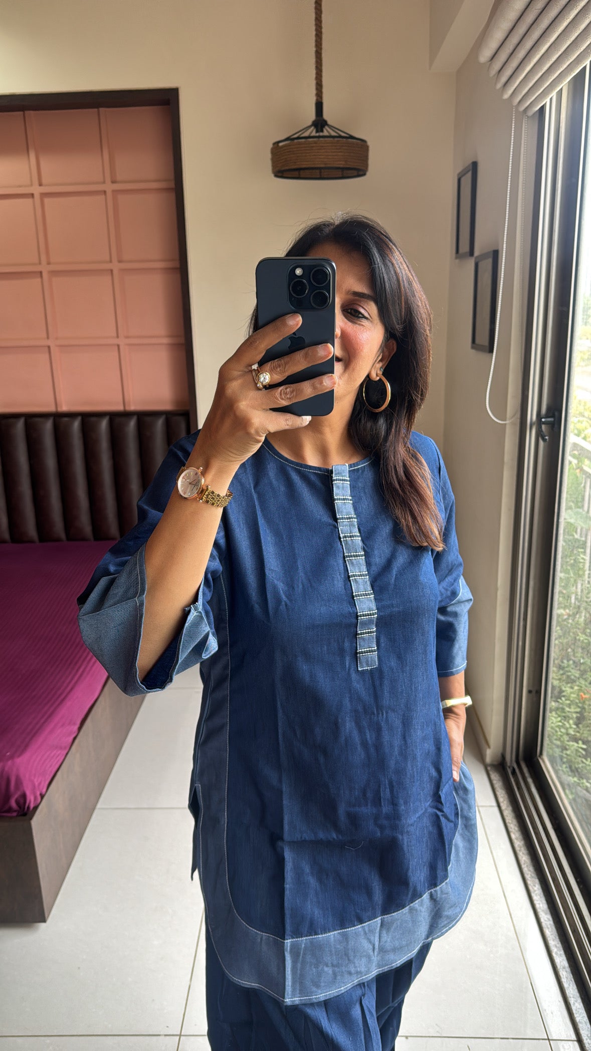 Denim Blue Apple Cut Top with Farsi Sarwar Co-Ord Set | Premium Denim Contemporary Wear
