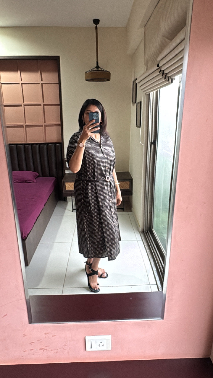 Black Collared Dotted Print One-Piece Dress with Belt | Premium Cotton