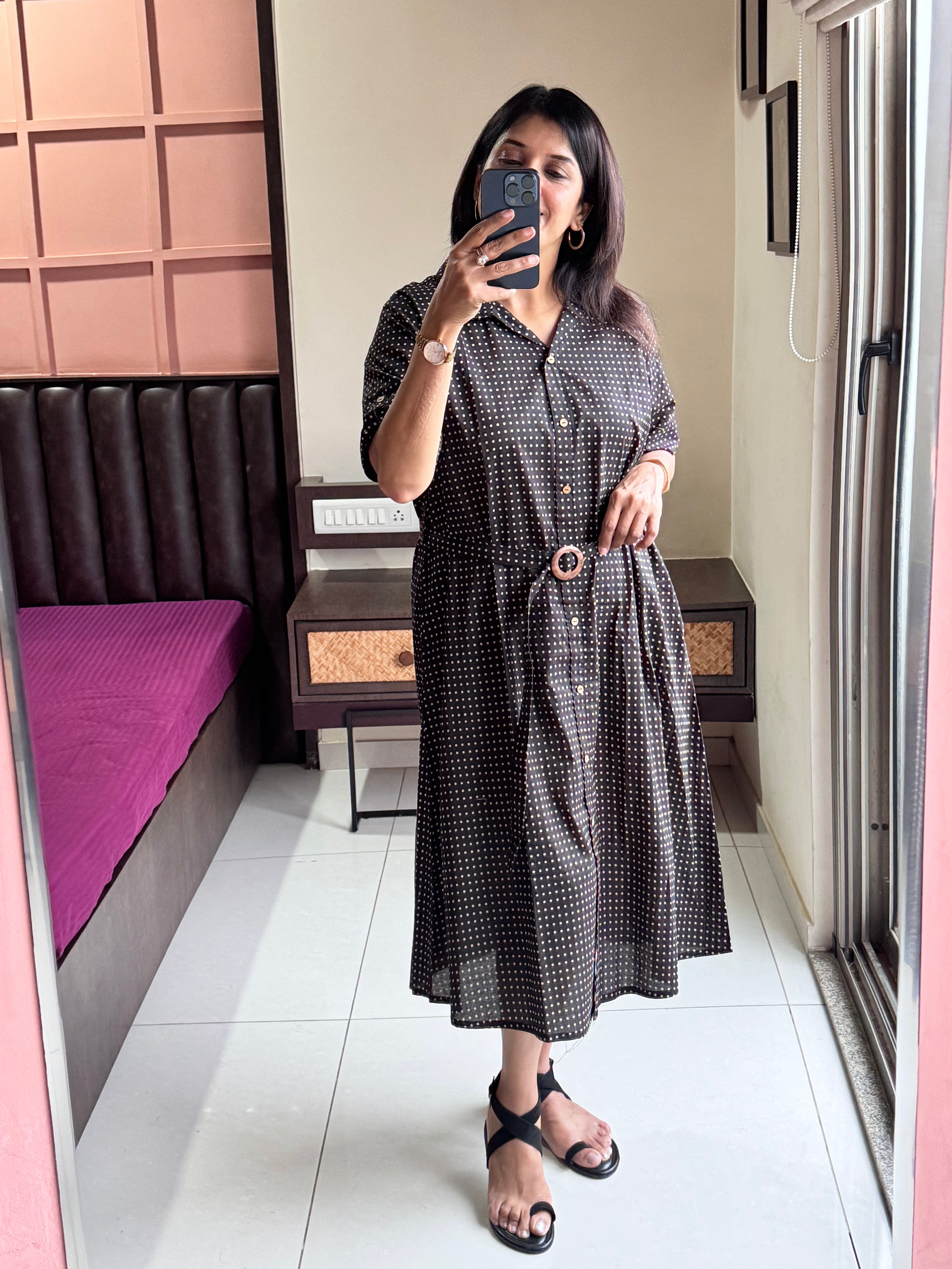 Black Collared Dotted Print One-Piece Dress with Belt | Premium Cotton