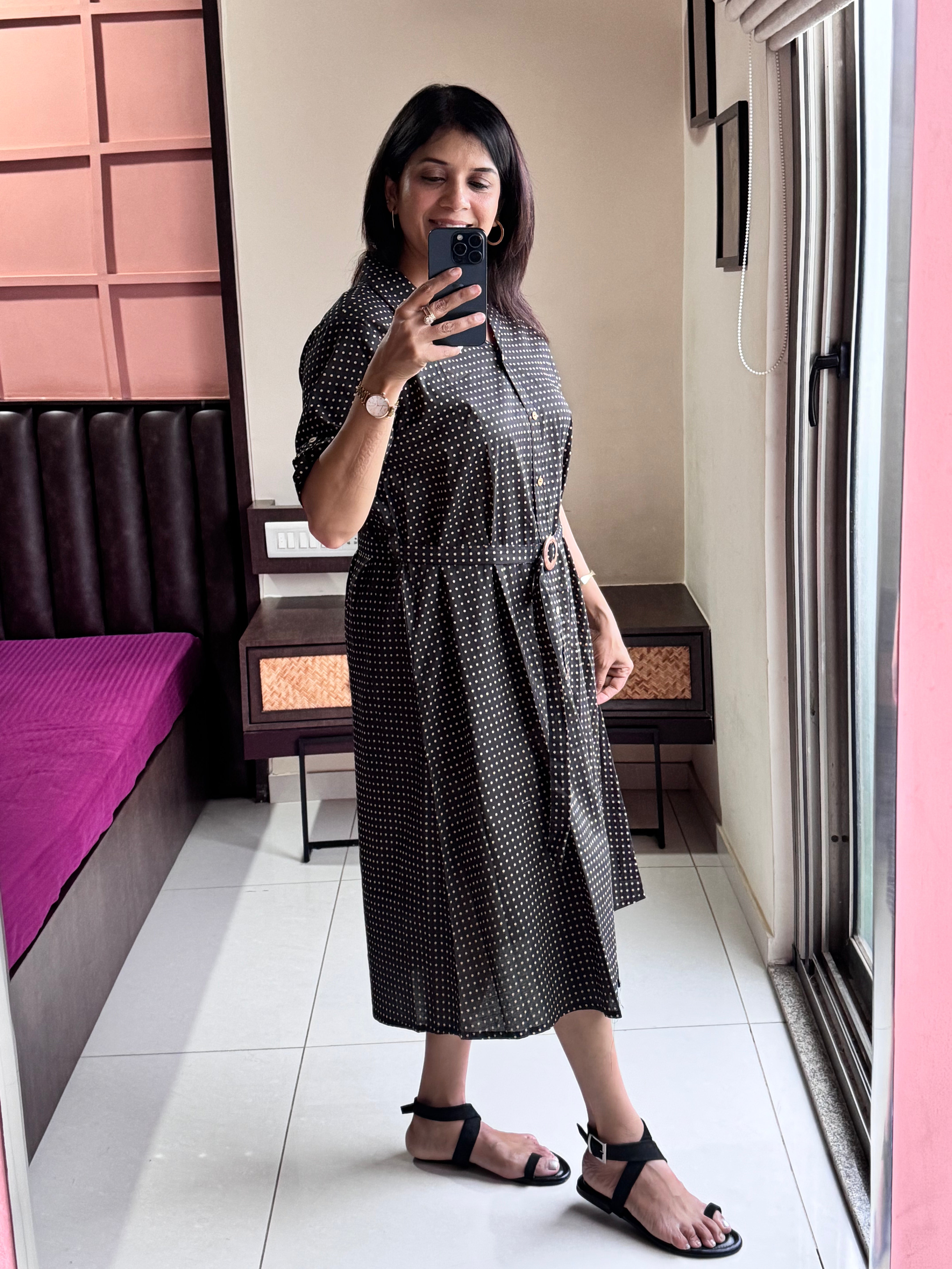Black Collared Dotted Print One-Piece Dress with Belt | Premium Cotton
