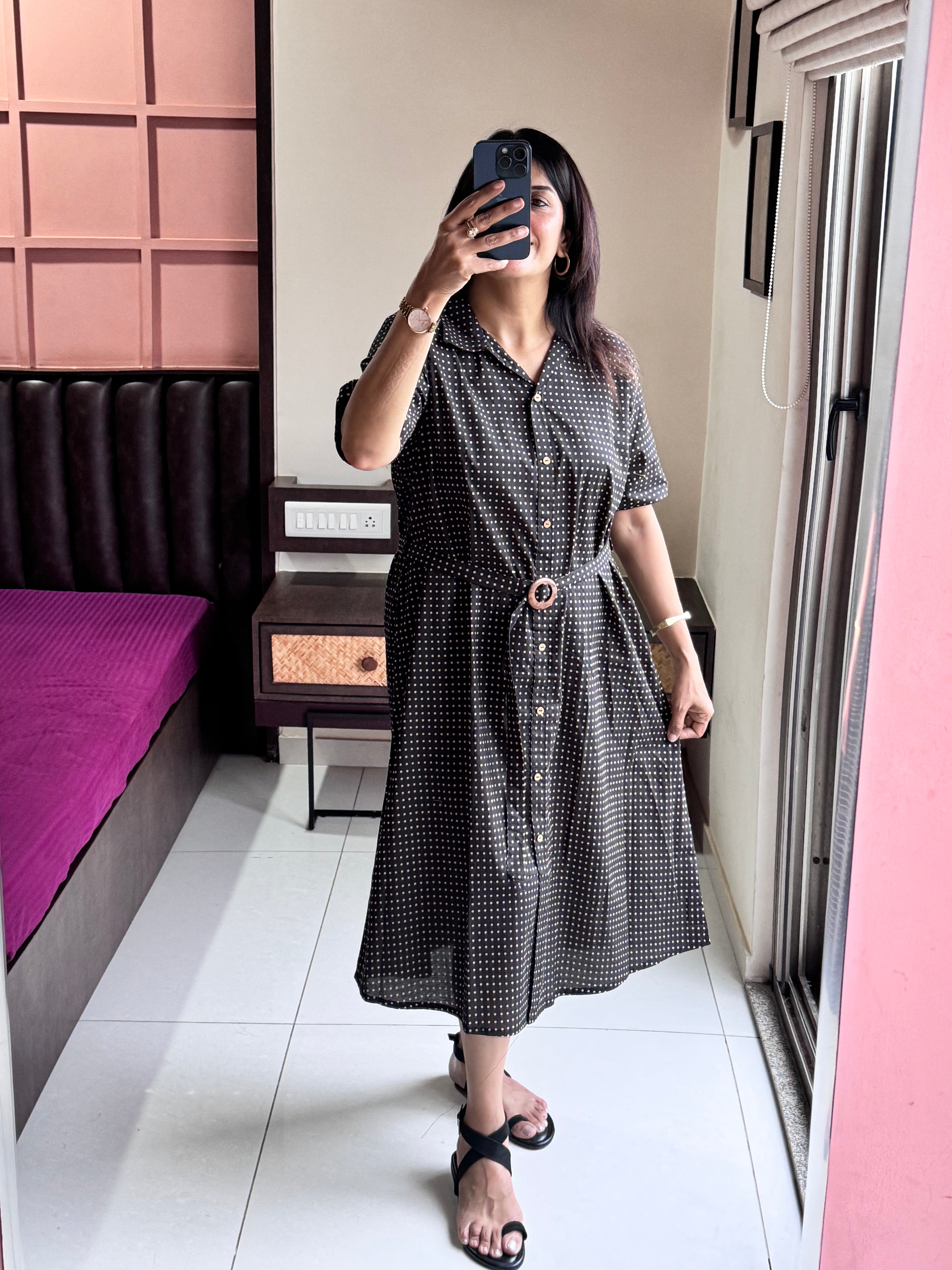 Black Collared Dotted Print One-Piece Dress with Belt | Premium Cotton