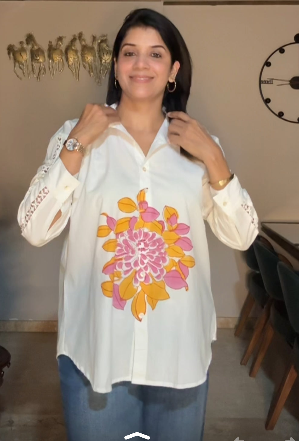 White & Yellow Hand Print Collared Shirt | Lace Work Sleeves | Soft Cotton