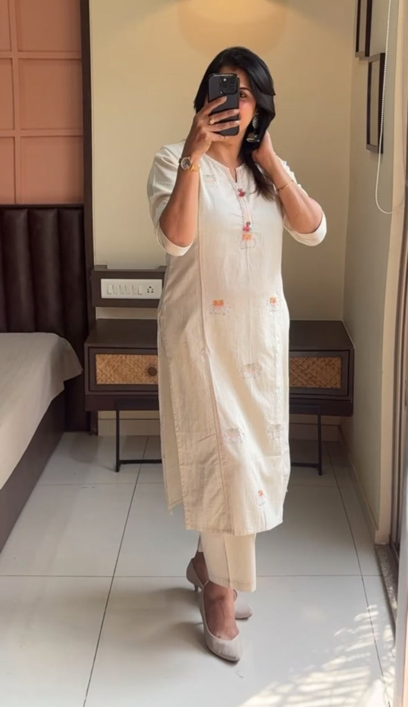 Off-White Flex Cotton Kurti Pant Set for Women | Elephant Thread Work