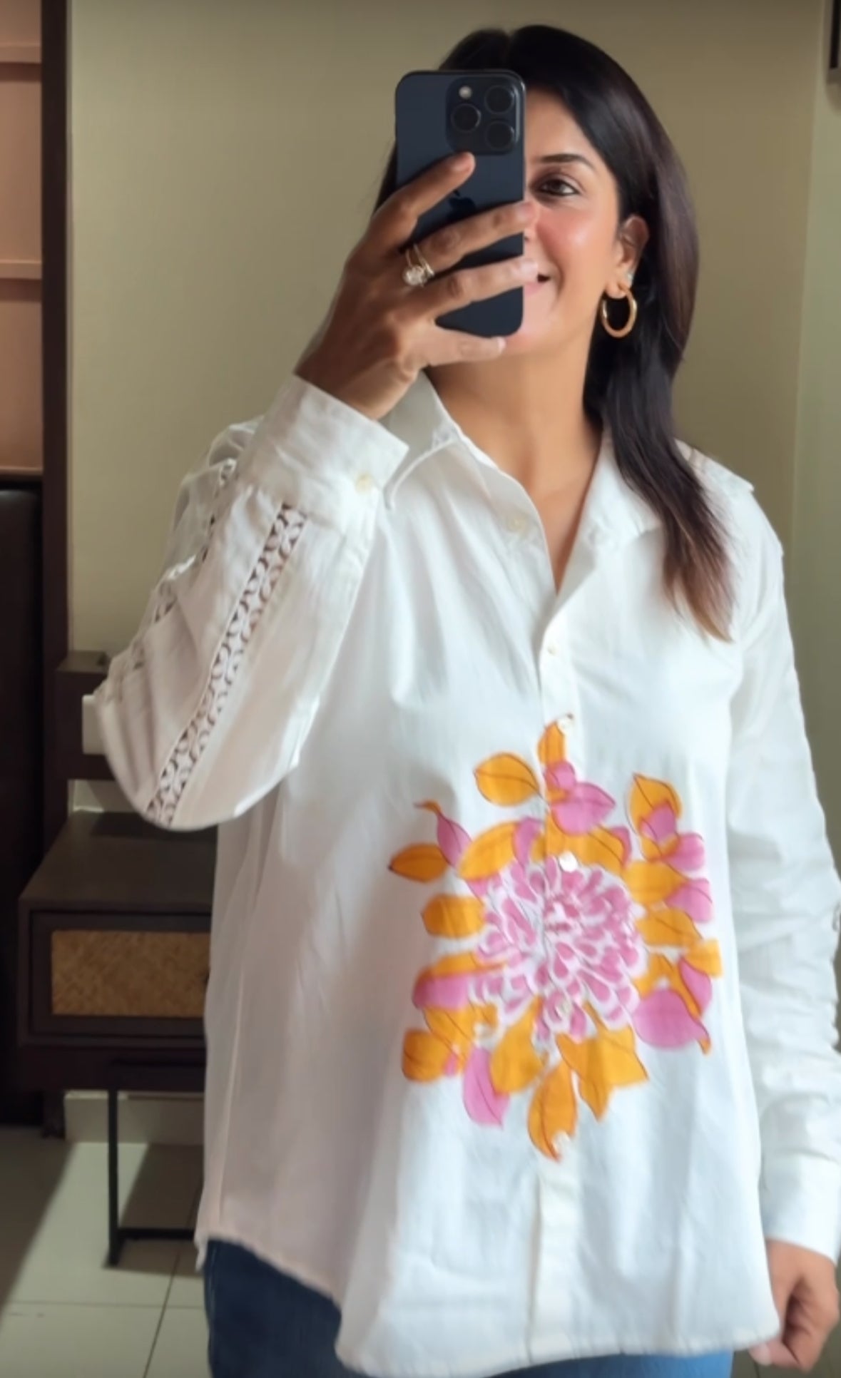 White & Yellow Hand Print Collared Shirt | Lace Work Sleeves | Soft Cotton