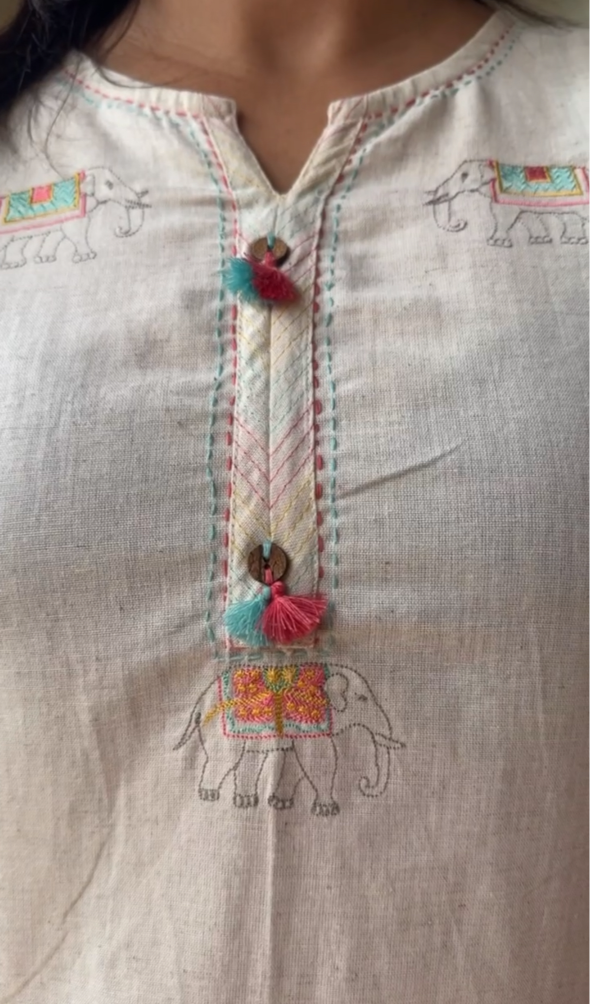 Off-White Flex Cotton Kurti Pant Set for Women | Elephant Thread Work
