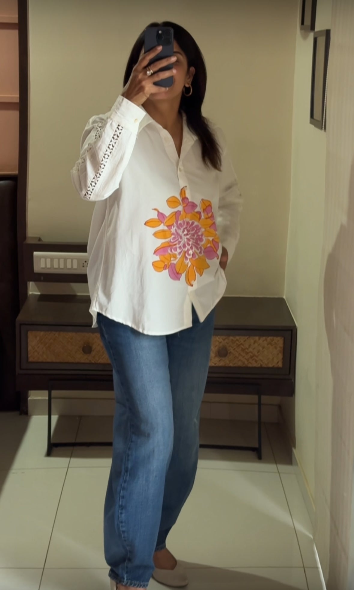 White & Yellow Hand Print Collared Shirt | Lace Work Sleeves | Soft Cotton