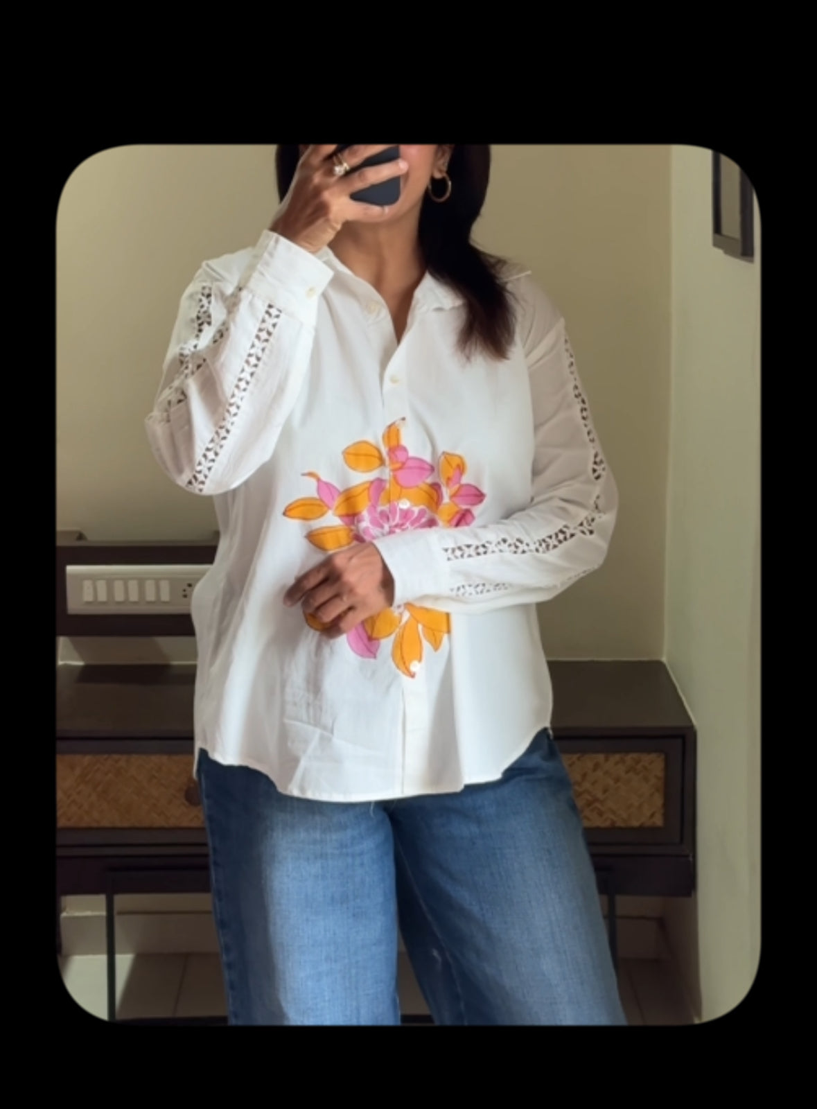 White & Yellow Hand Print Collared Shirt | Lace Work Sleeves | Soft Cotton