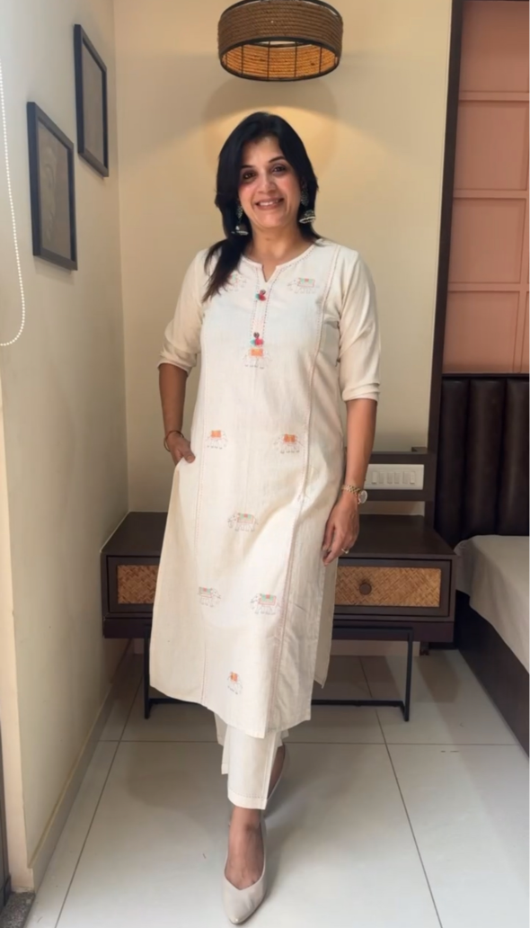 Off-White Flex Cotton Kurti Pant Set for Women | Elephant Thread Work