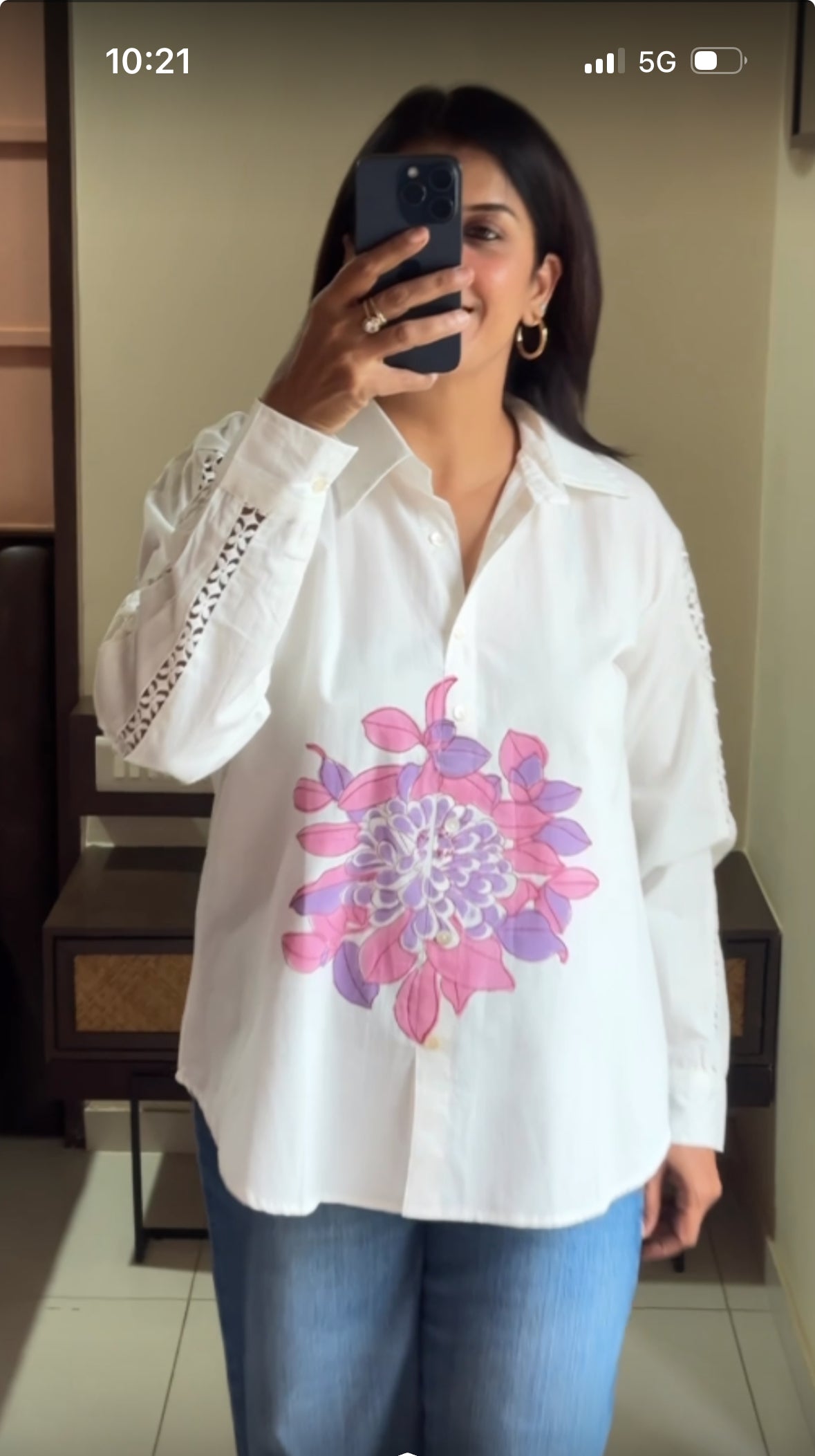 White & Purple Hand Print Collared Shirt | Lace Work Sleeves | Soft Cotton