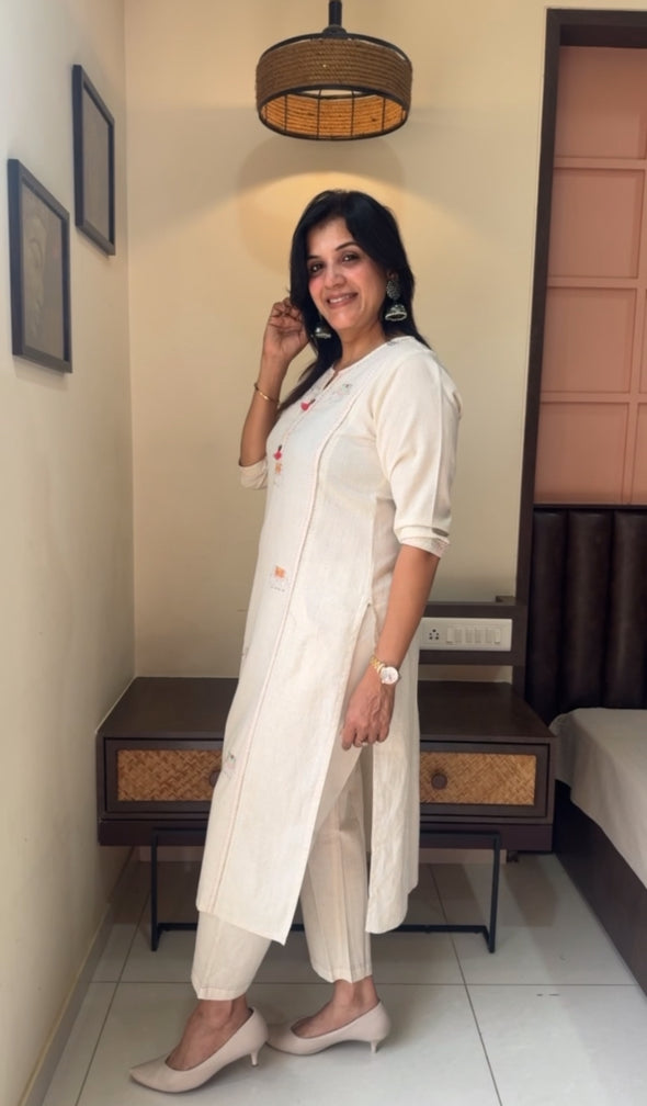 Off-White Flex Cotton Kurti Pant Set for Women | Elephant Thread Work