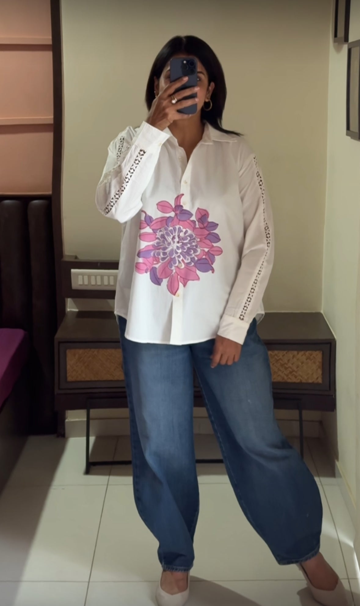 White & Purple Hand Print Collared Shirt | Lace Work Sleeves | Soft Cotton