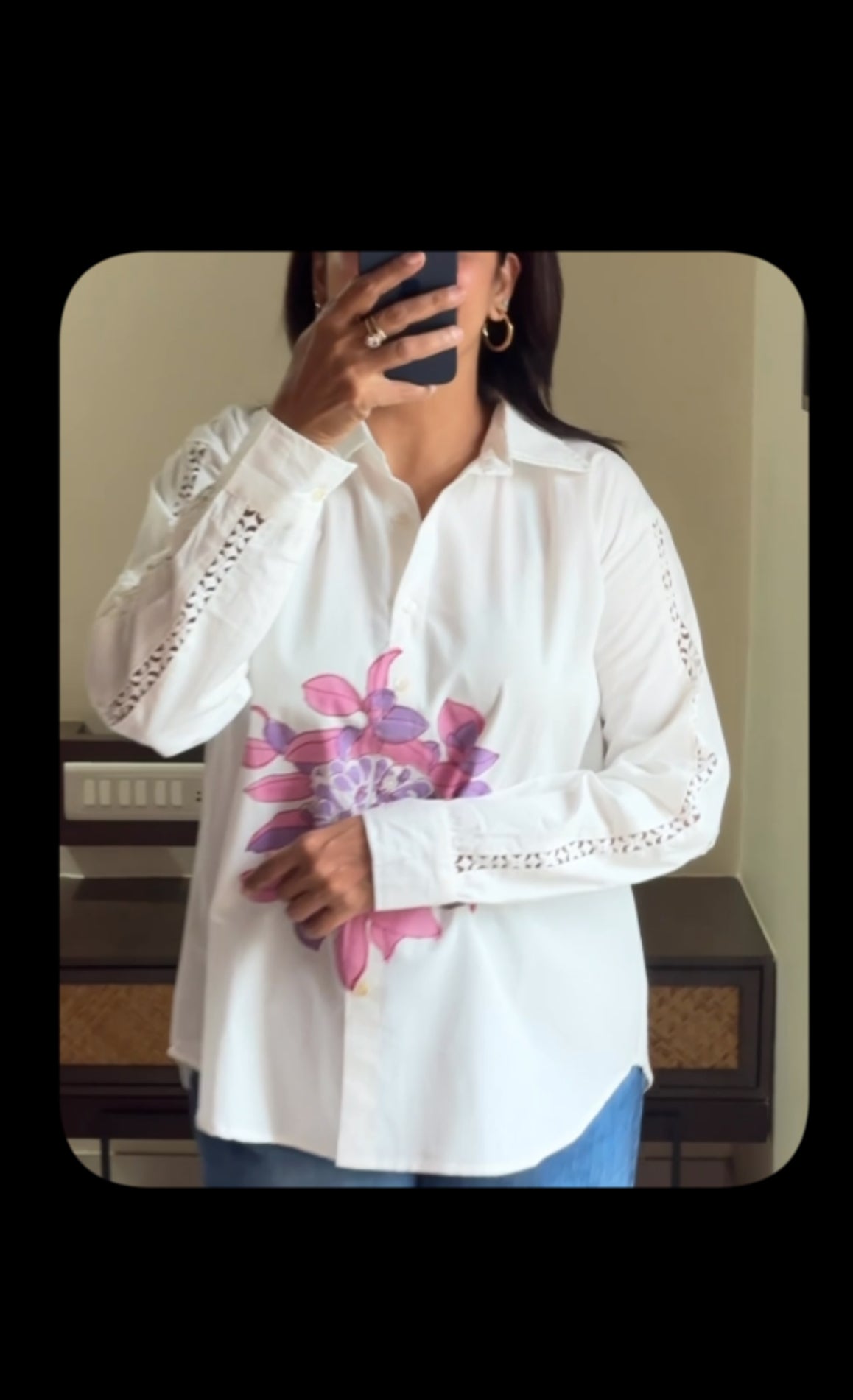 White & Purple Hand Print Collared Shirt | Lace Work Sleeves | Soft Cotton