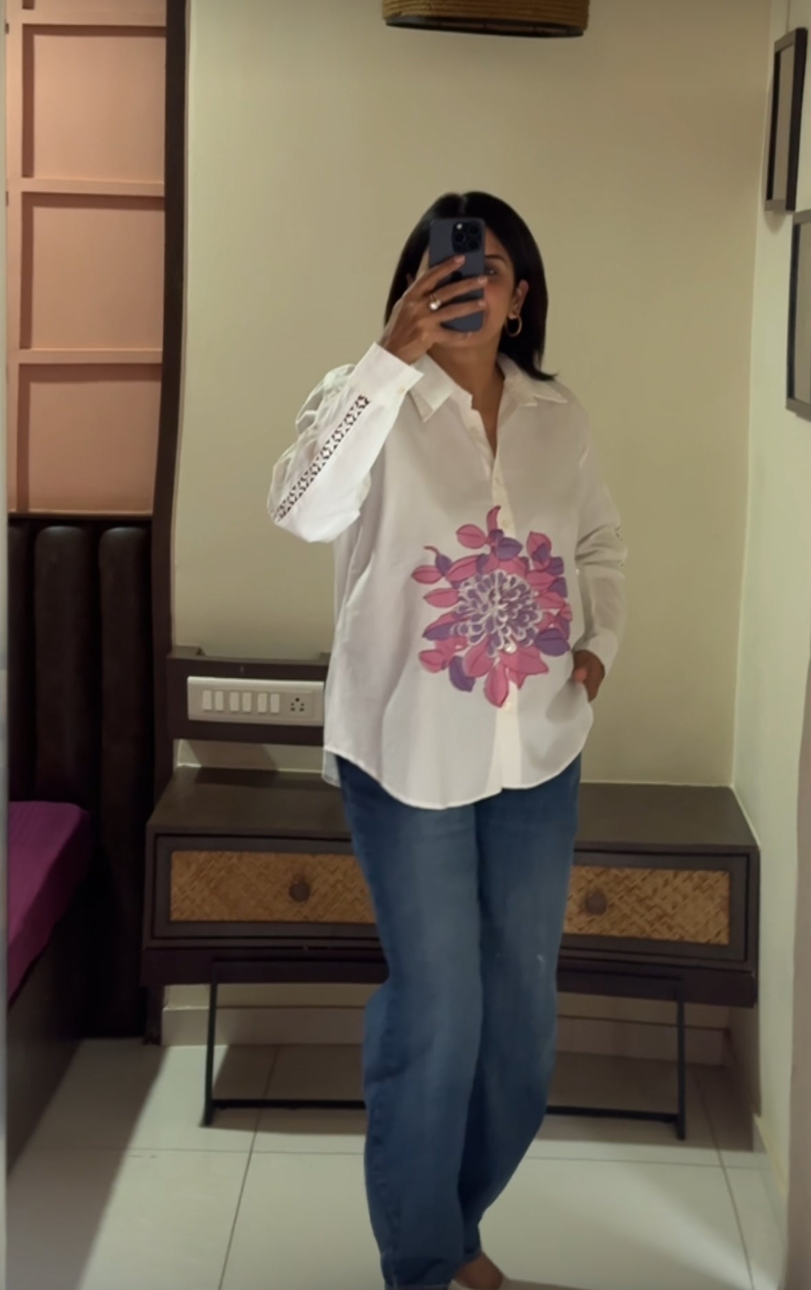 White & Purple Hand Print Collared Shirt | Lace Work Sleeves | Soft Cotton