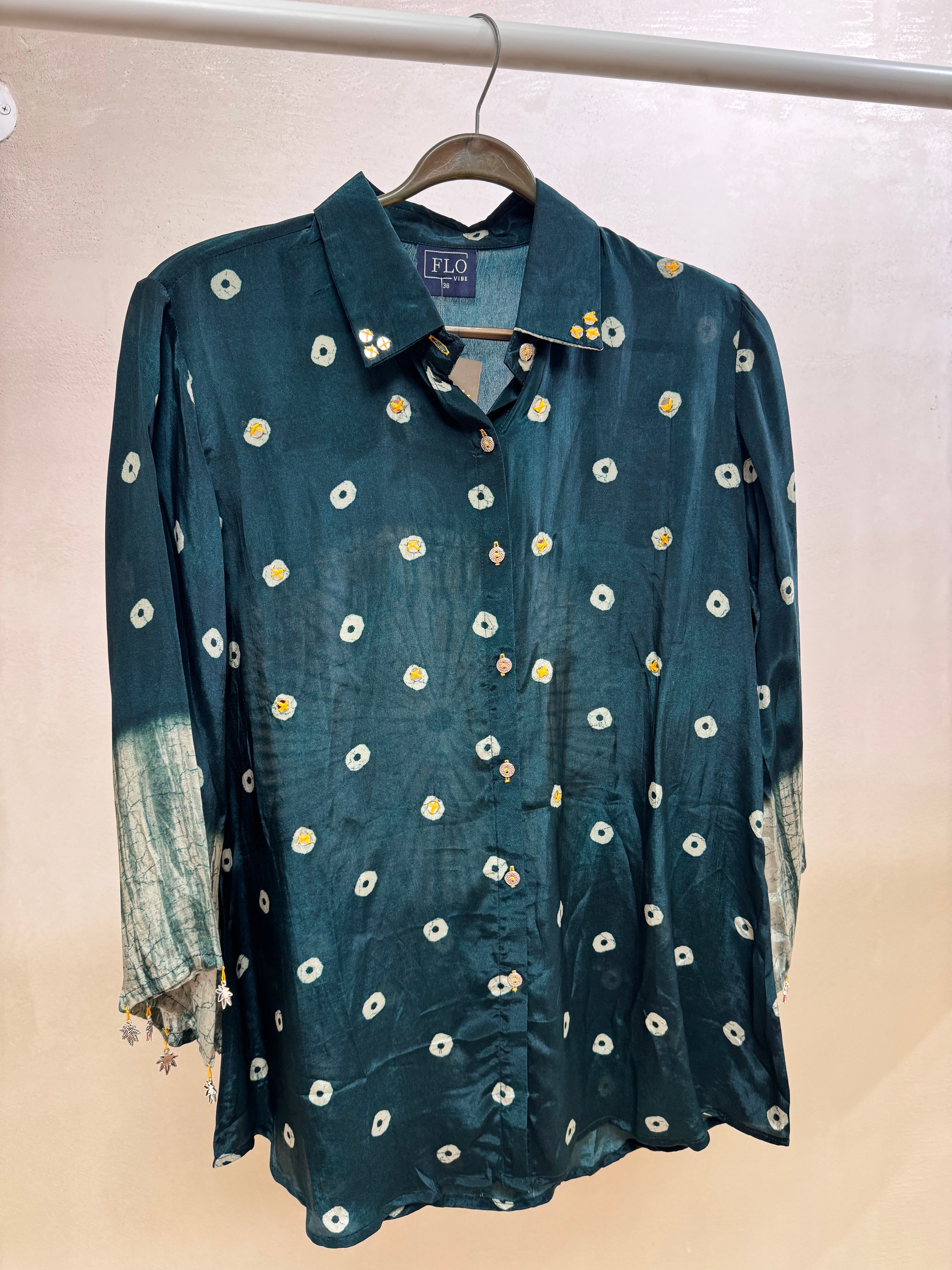 Dark green Bandhani & Shibori Print Collared Tunic Shirt | Mirror Work | Pure Crepe