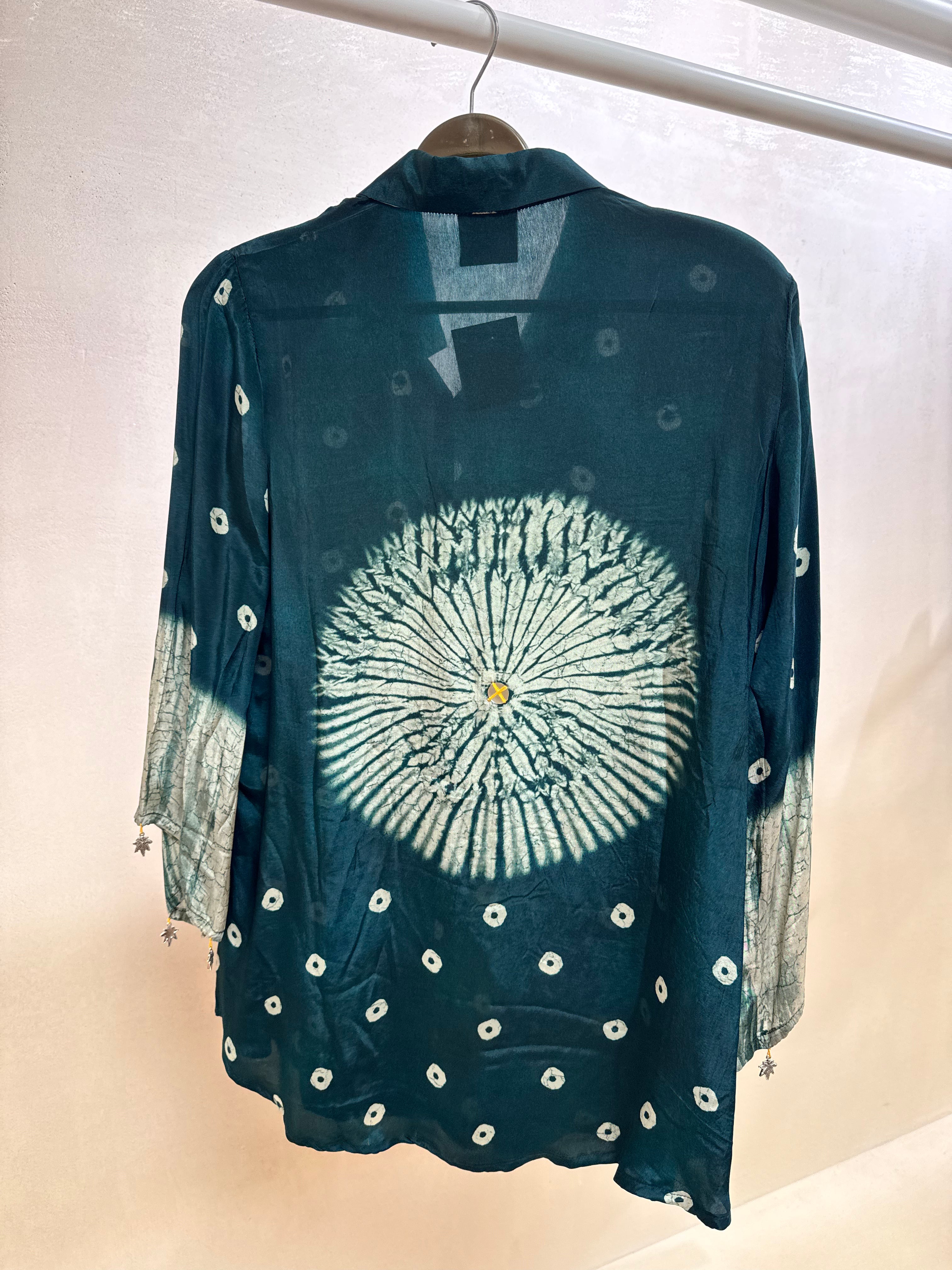 Dark green Bandhani & Shibori Print Collared Tunic Shirt | Mirror Work | Pure Crepe