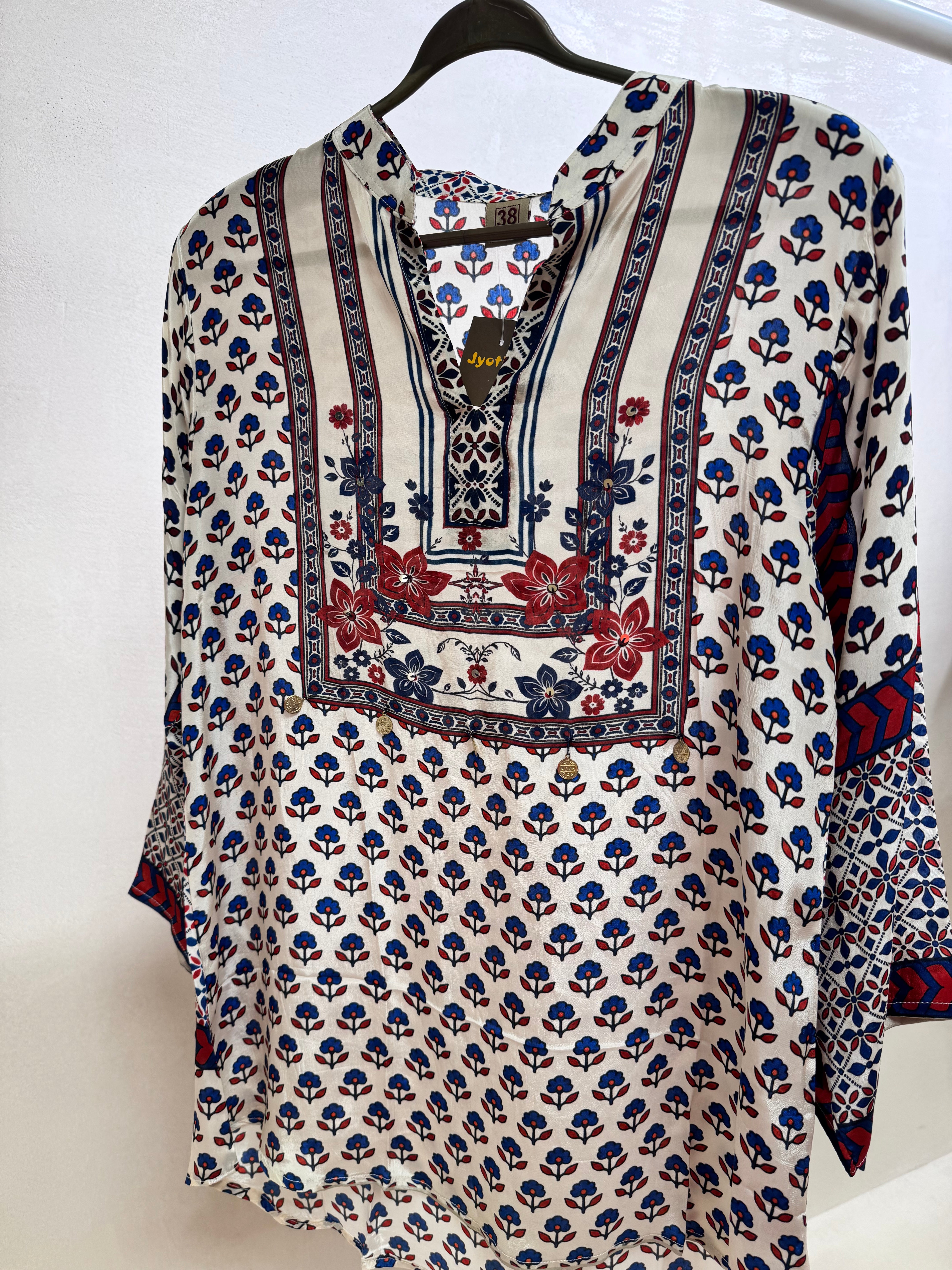 Cream Floral Jaipuri Print Collared Tunic Shirt | Pure Crepe