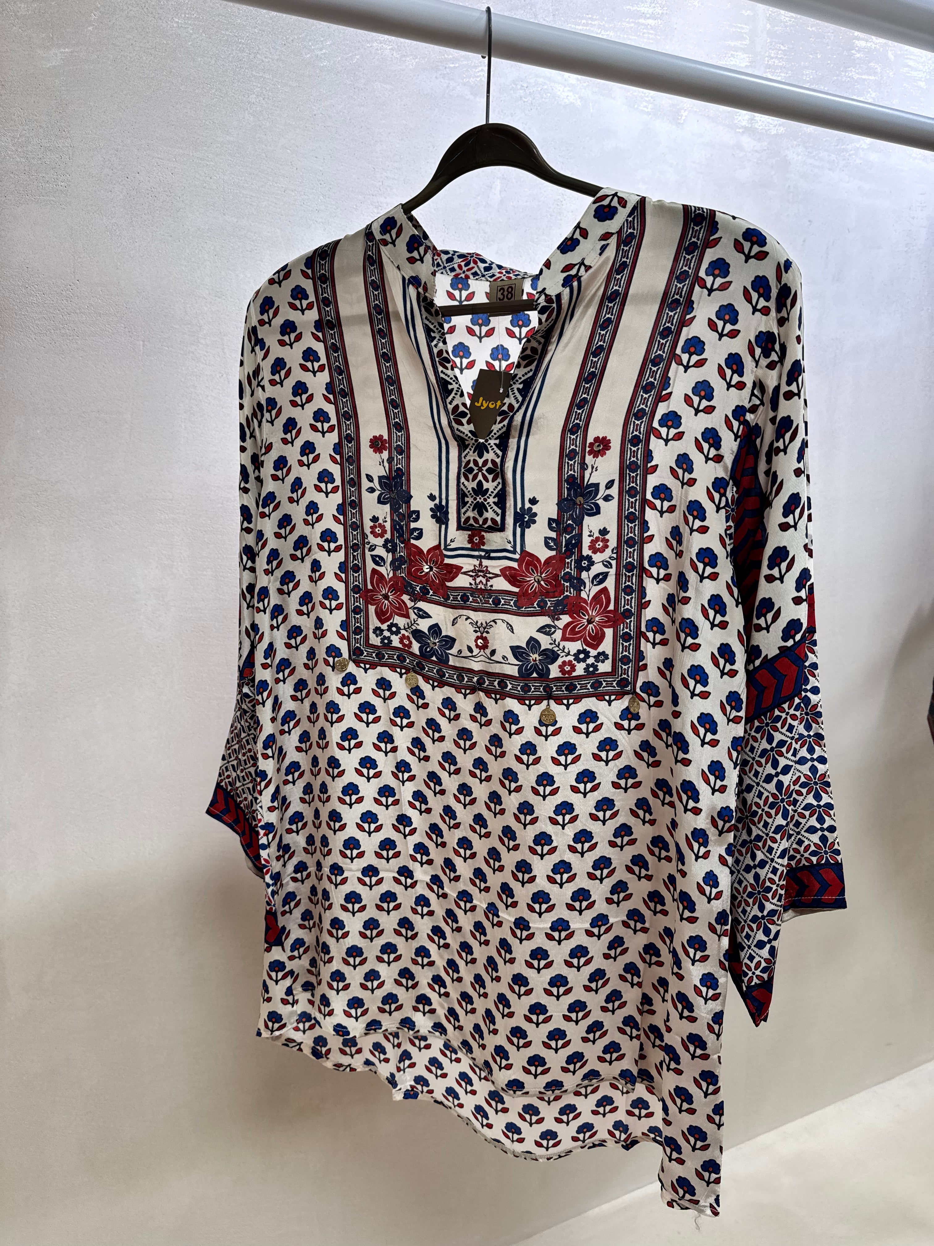 Cream Floral Jaipuri Print Collared Tunic Shirt | Pure Crepe