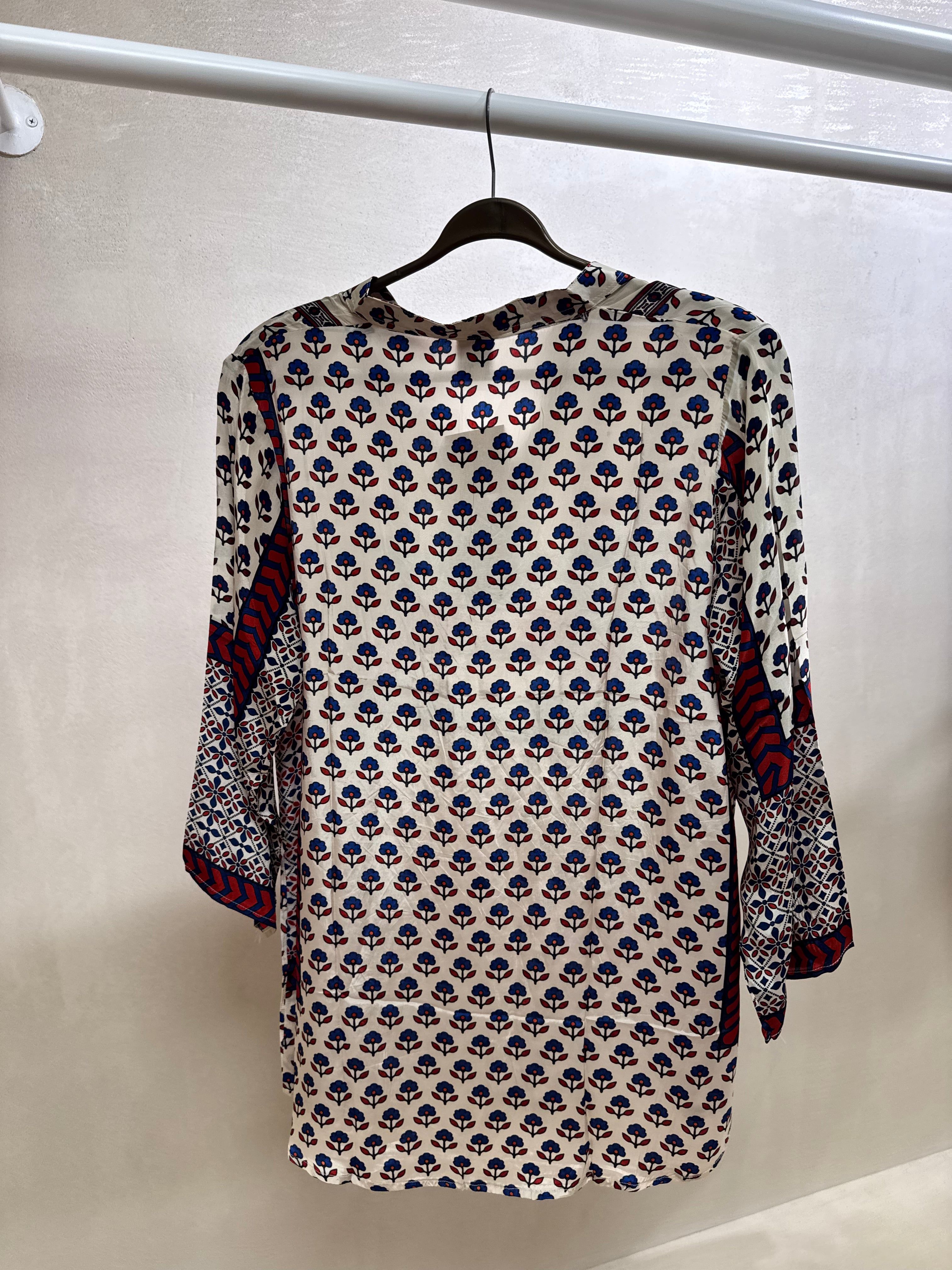 Cream Floral Jaipuri Print Collared Tunic Shirt | Pure Crepe