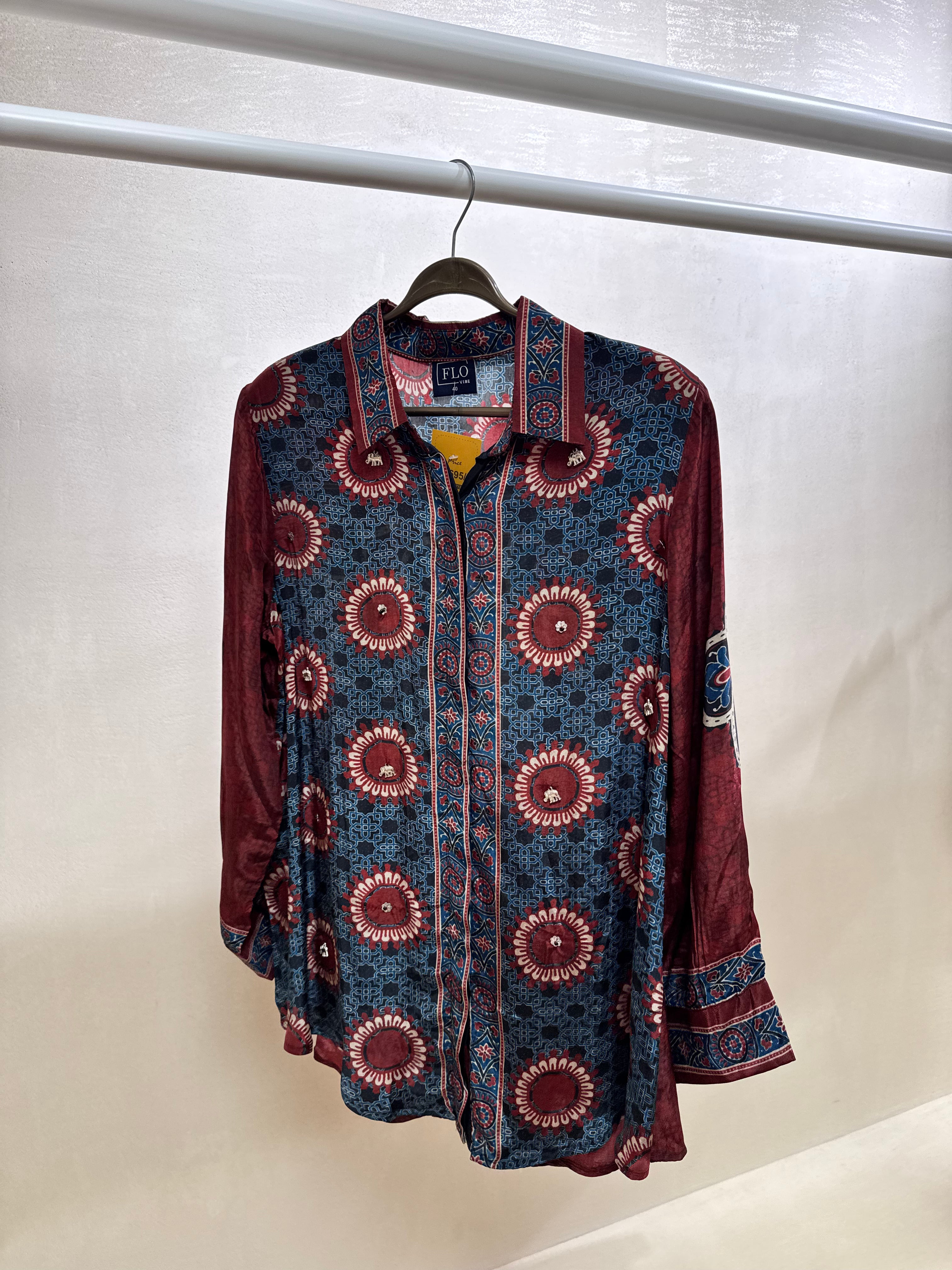 Maroon Kalamkari Print Collared Tunic Shirt | Pure Crepe