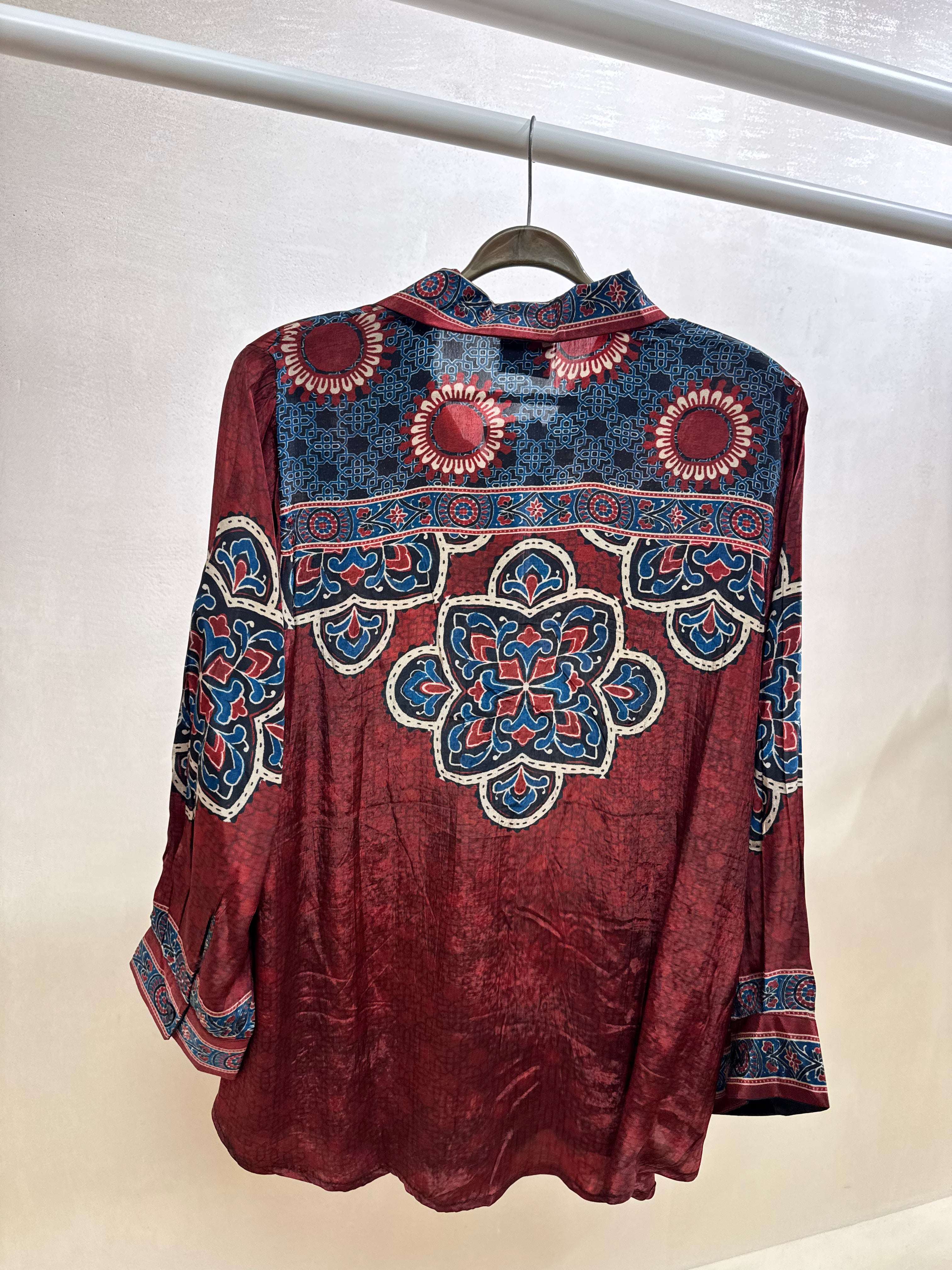 Maroon Kalamkari Print Collared Tunic Shirt | Pure Crepe
