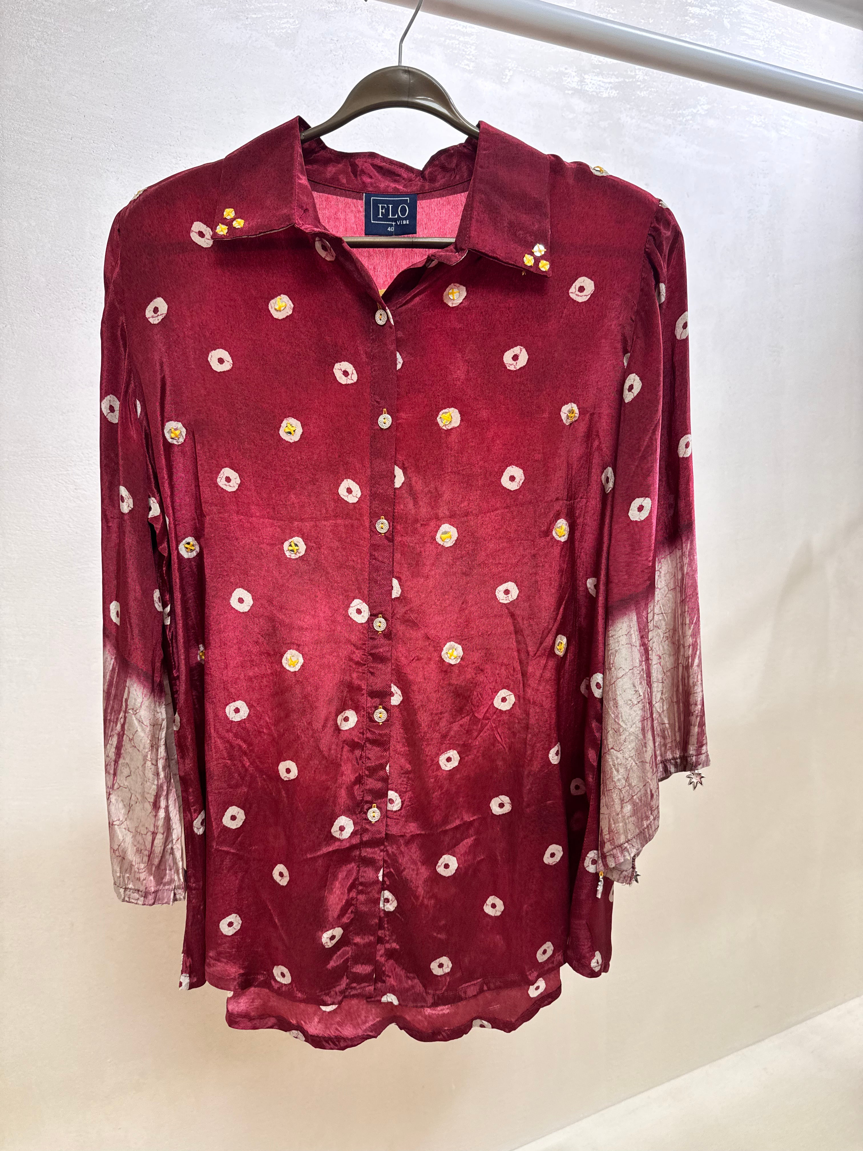 Maroon Bandhani & Shibori Print Collared Tunic Shirt | Mirror Work | Pure Crepe