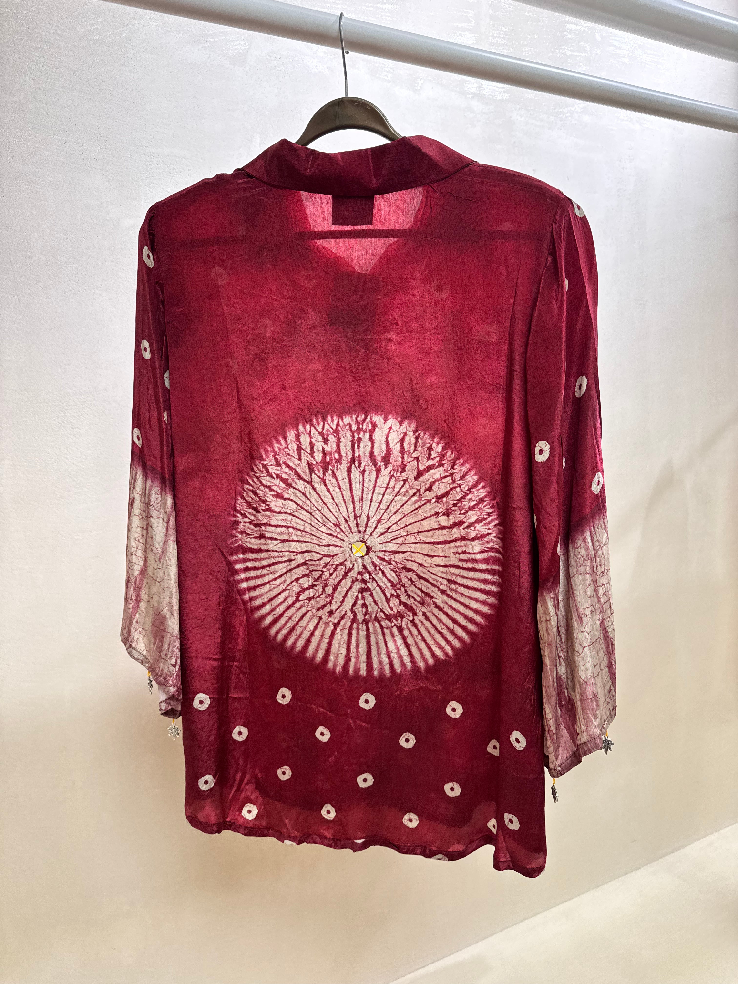 Maroon Bandhani & Shibori Print Collared Tunic Shirt | Mirror Work | Pure Crepe