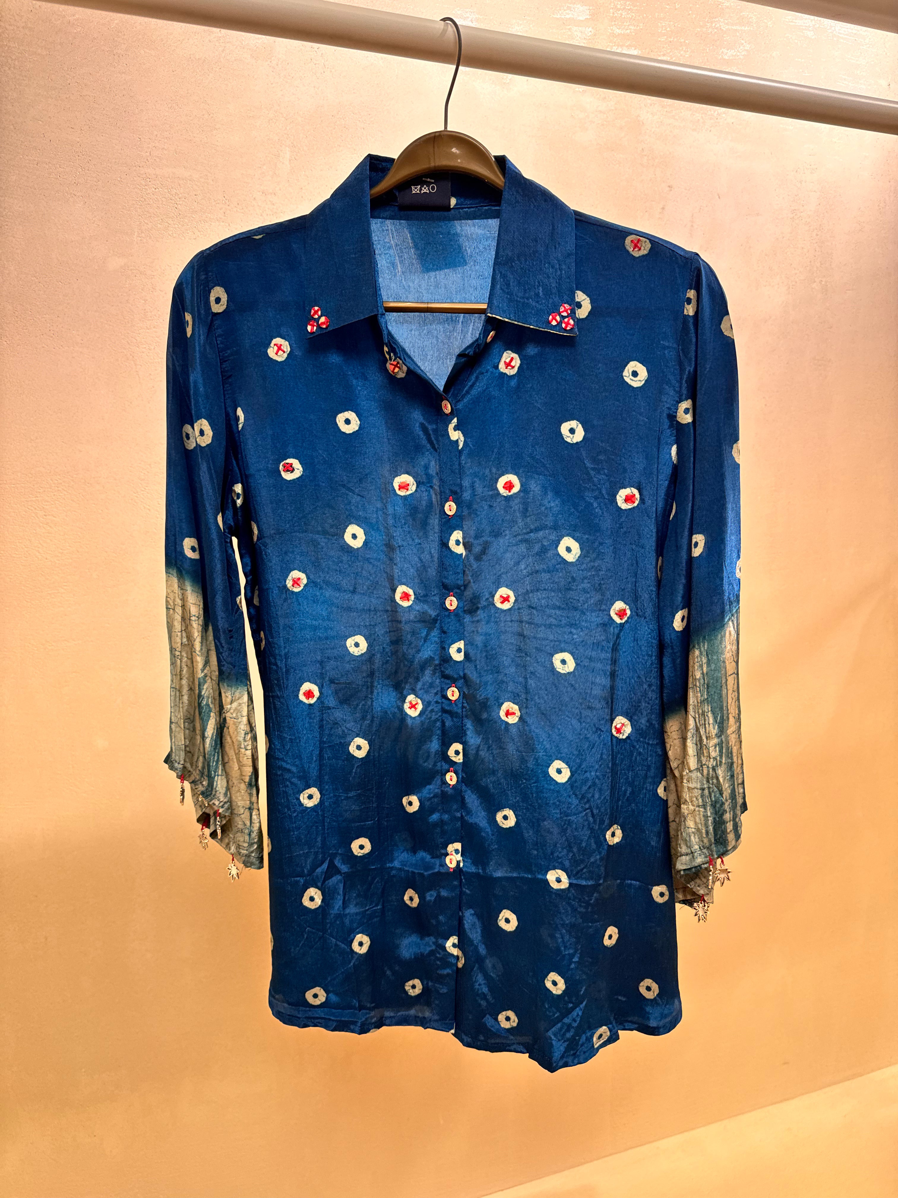 Classic Blue Bandhani & Shibori Print Collared Tunic Shirt | Mirror Work | Pure Crepe