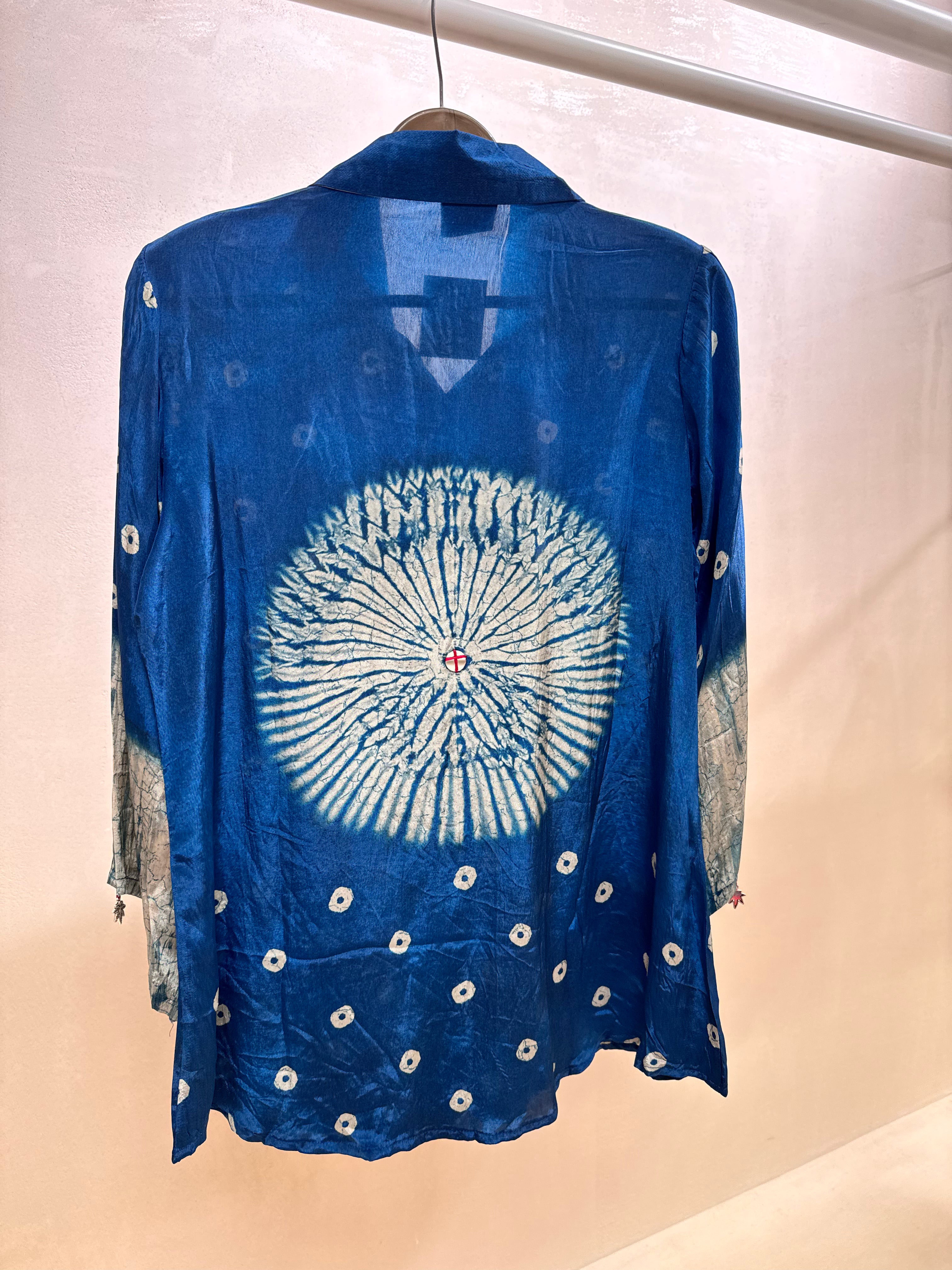 Classic Blue Bandhani & Shibori Print Collared Tunic Shirt | Mirror Work | Pure Crepe