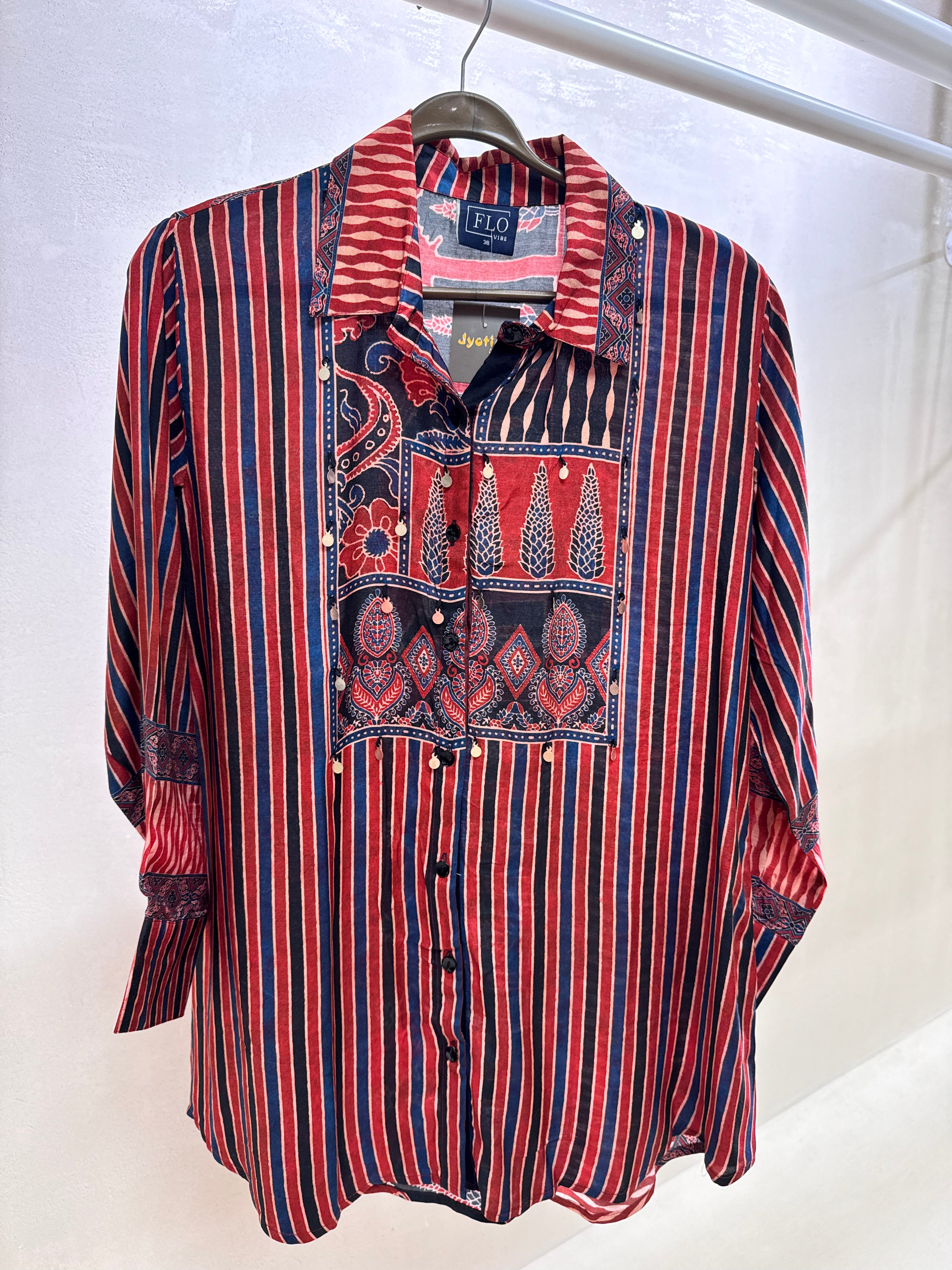 Red Kalamkari Print Collared Tunic Shirt | Premium Crepe