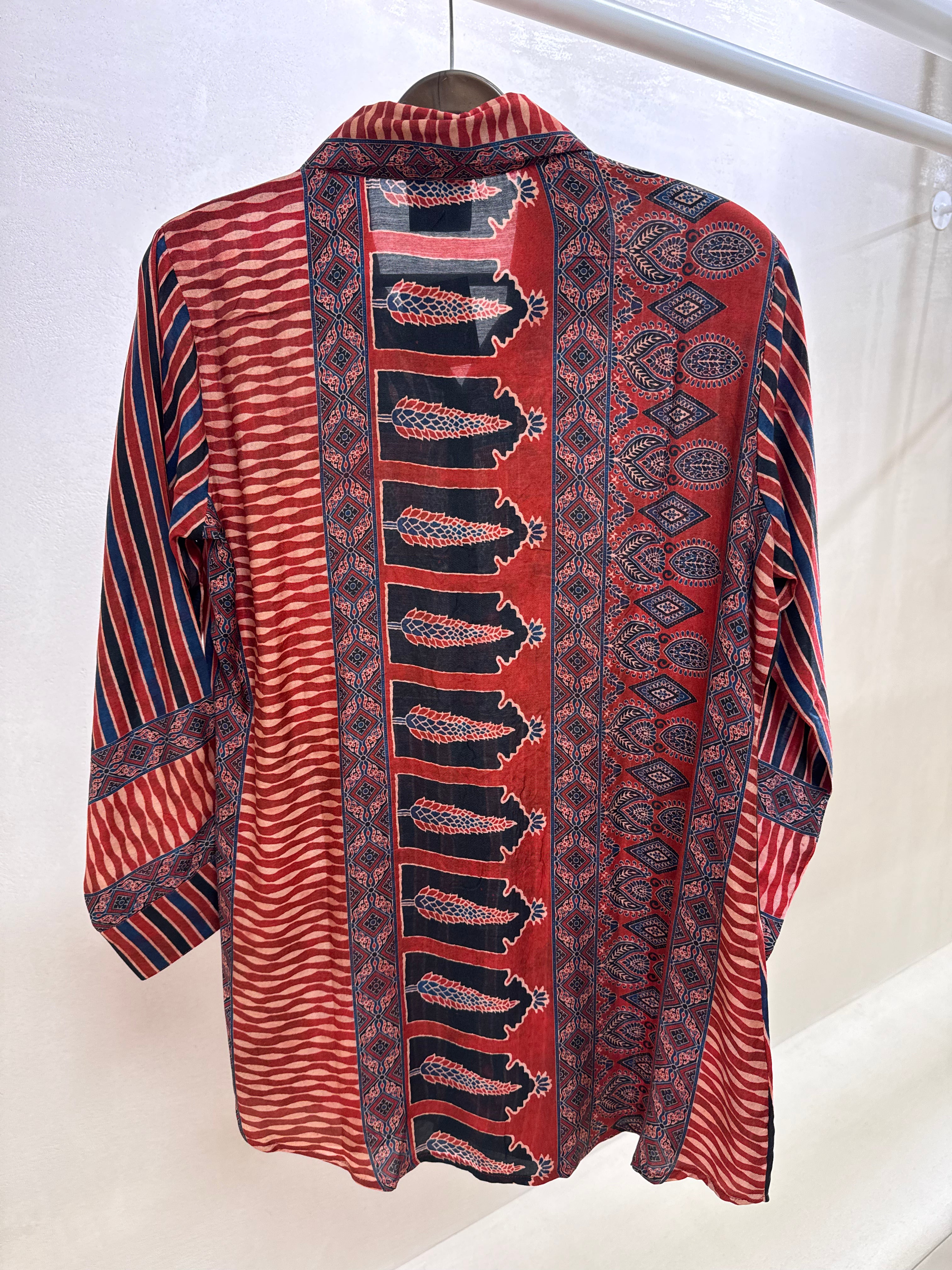 Red Kalamkari Print Collared Tunic Shirt | Premium Crepe