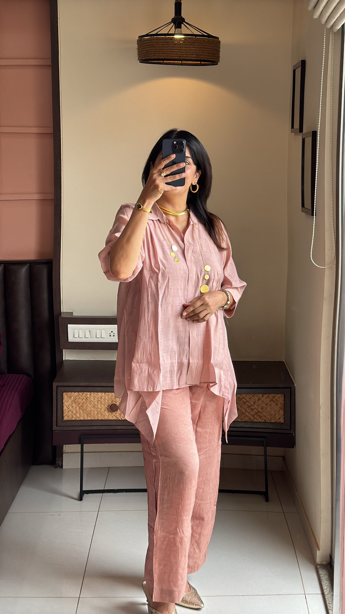 Dusty Pink Stylish Co-Ord Set with Inner | Badla & Mukaish Work | Mul Chanderi Silk