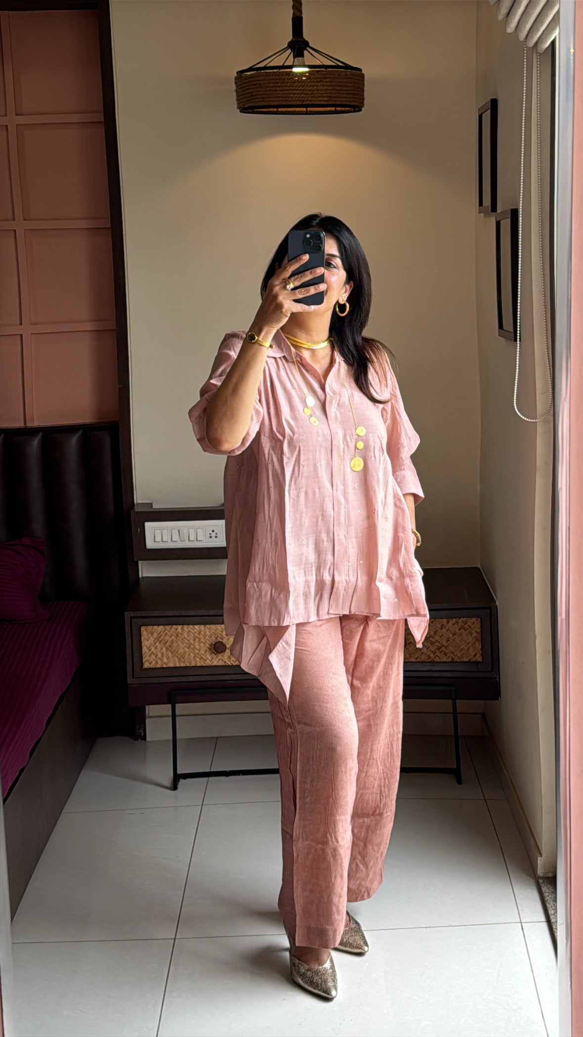 Dusty Pink Stylish Co-Ord Set with Inner | Badla & Mukaish Work | Mul Chanderi Silk