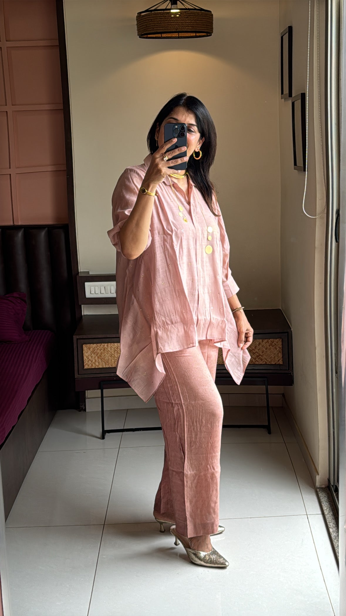 Dusty Pink Stylish Co-Ord Set with Inner | Badla & Mukaish Work | Mul Chanderi Silk