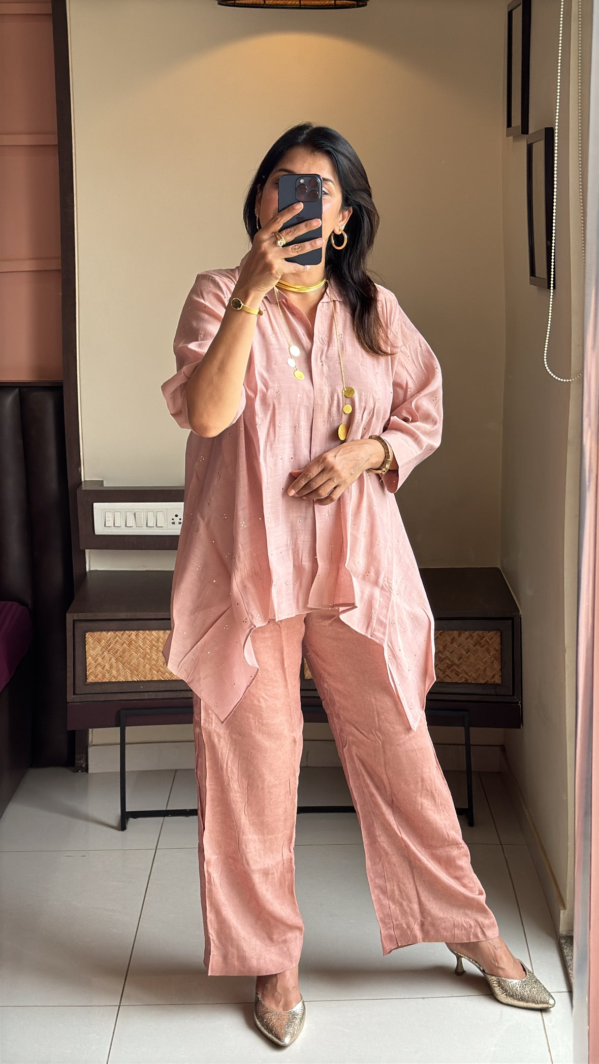 Dusty Pink Stylish Co-Ord Set with Inner | Badla & Mukaish Work | Mul Chanderi Silk