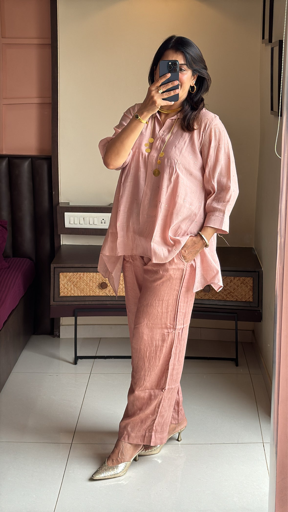 Dusty Pink Stylish Co-Ord Set with Inner | Badla & Mukaish Work | Mul Chanderi Silk