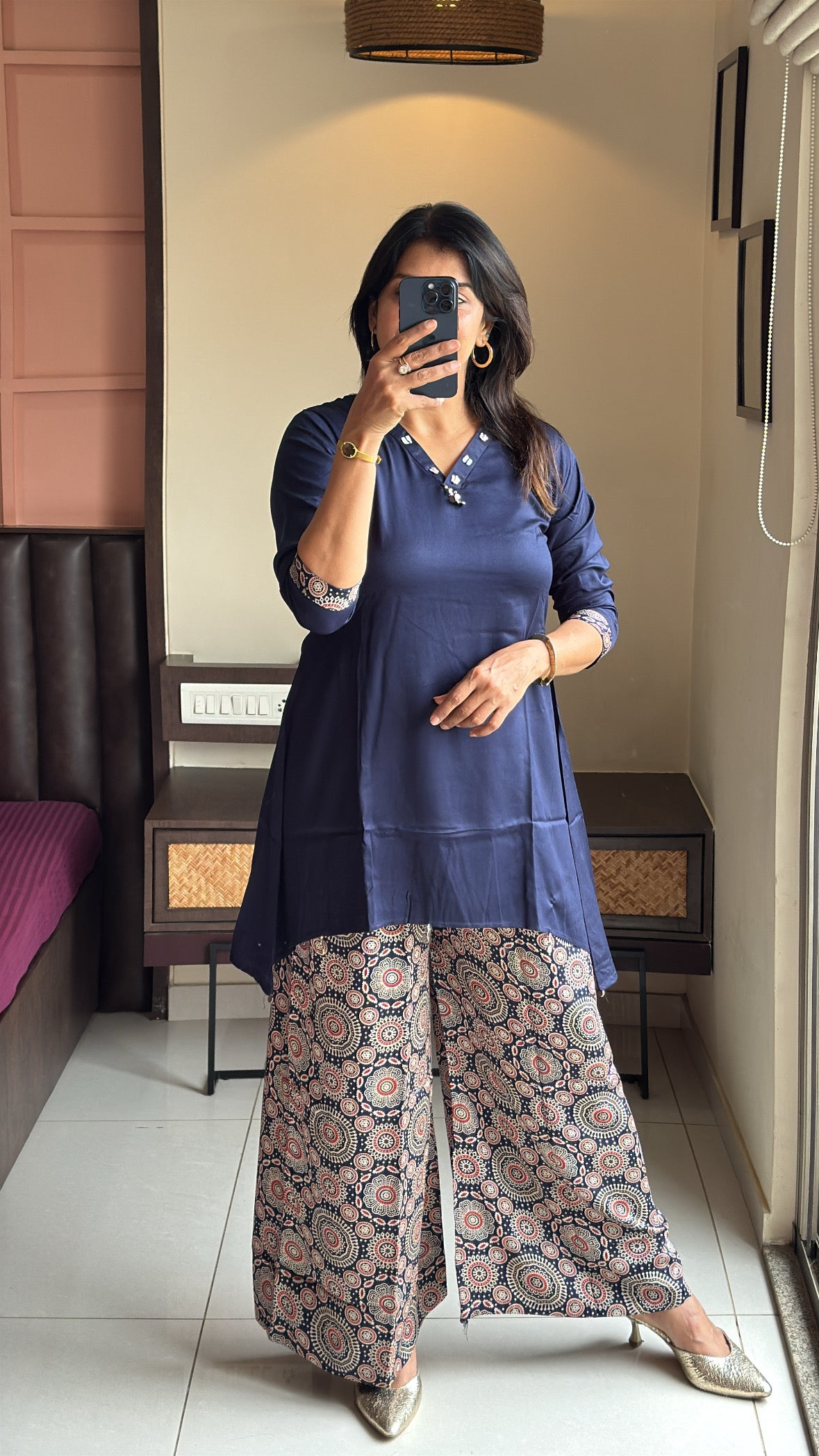 Navy Blue Up & Down Stylish Top with Ajrakh Print Palazzo Co-Ord Set | Yoke Work | Gaji Silk