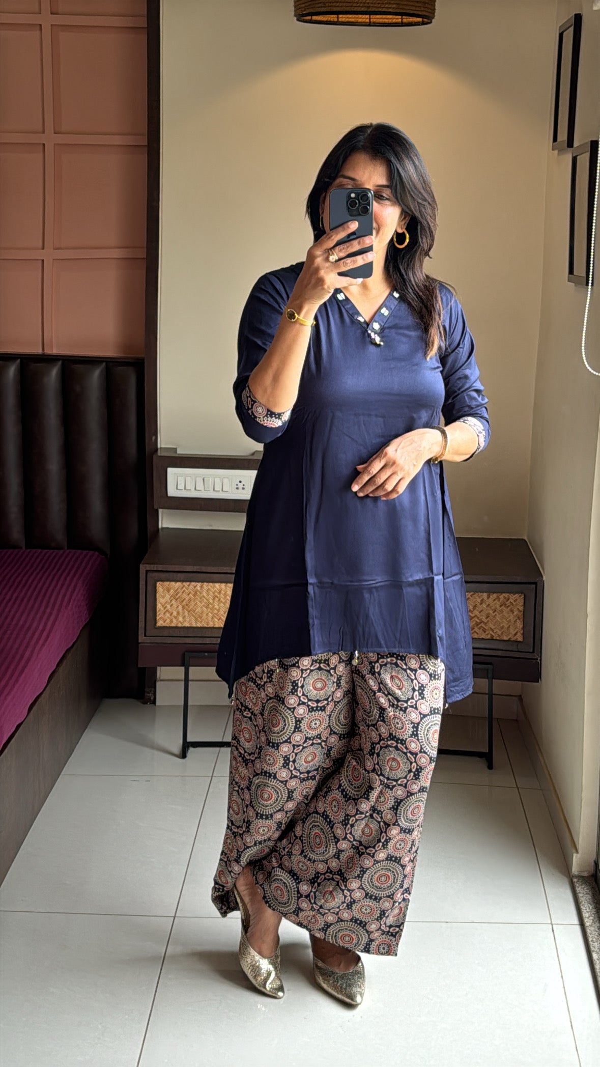 Navy Blue Up & Down Stylish Top with Ajrakh Print Palazzo Co-Ord Set | Yoke Work | Gaji Silk