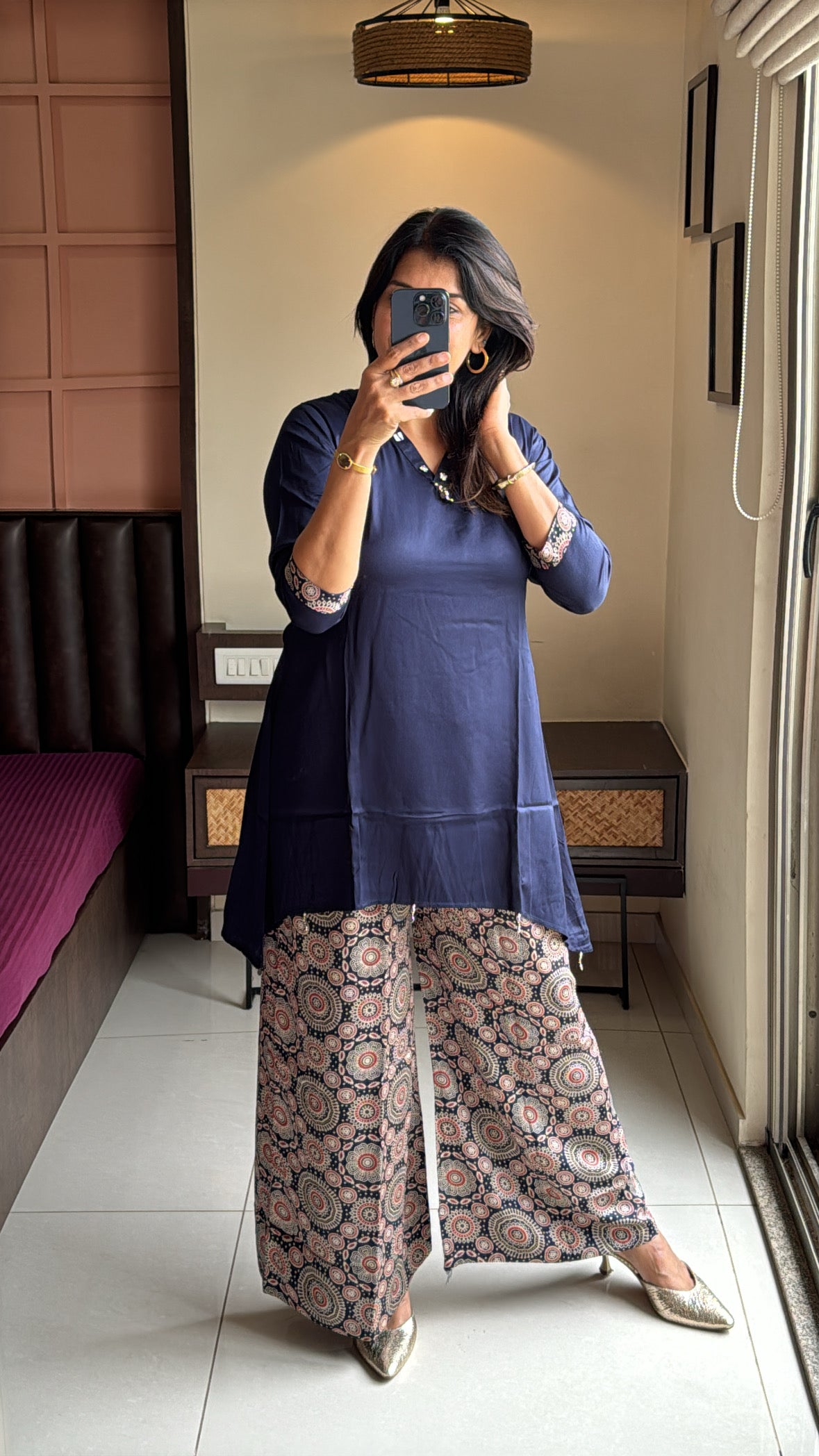 Navy Blue Up & Down Stylish Top with Ajrakh Print Palazzo Co-Ord Set | Yoke Work | Gaji Silk