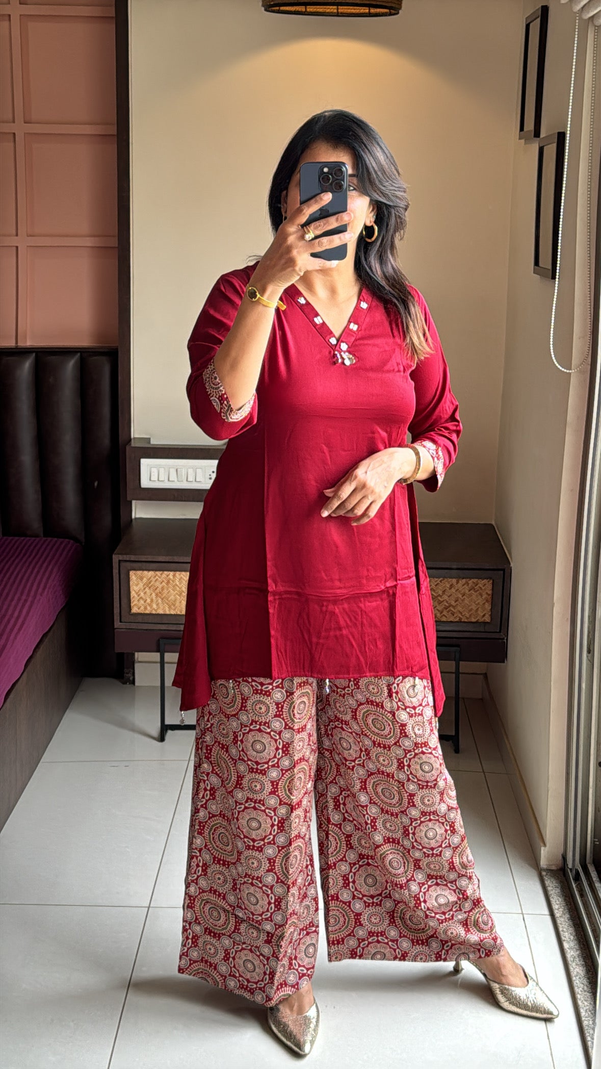 Maroon Up & Down Stylish Top with Ajrakh Print Palazzo Co-Ord Set | Yoke Work | Gaji Silk
