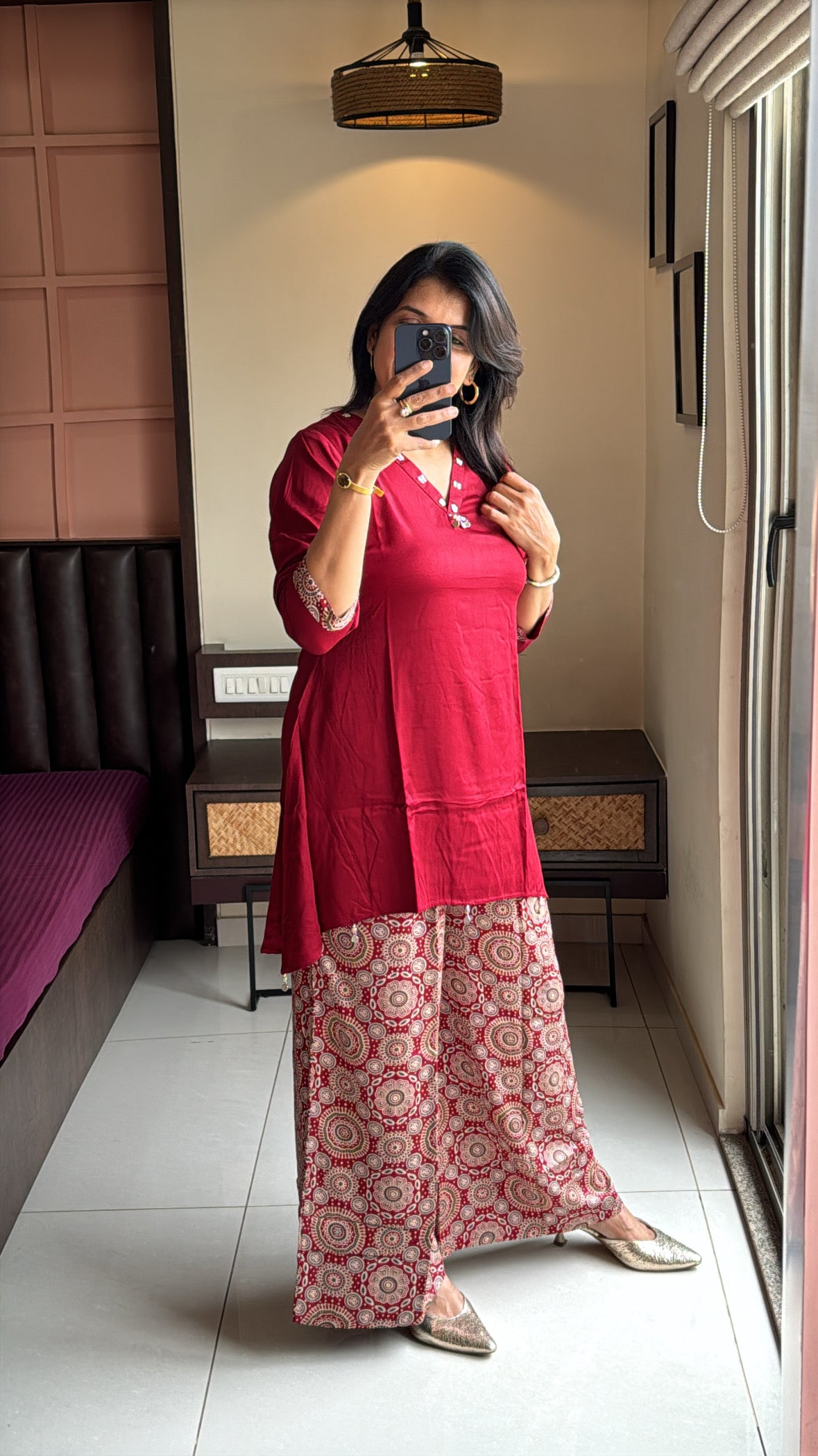 Maroon Up & Down Stylish Top with Ajrakh Print Palazzo Co-Ord Set | Yoke Work | Gaji Silk